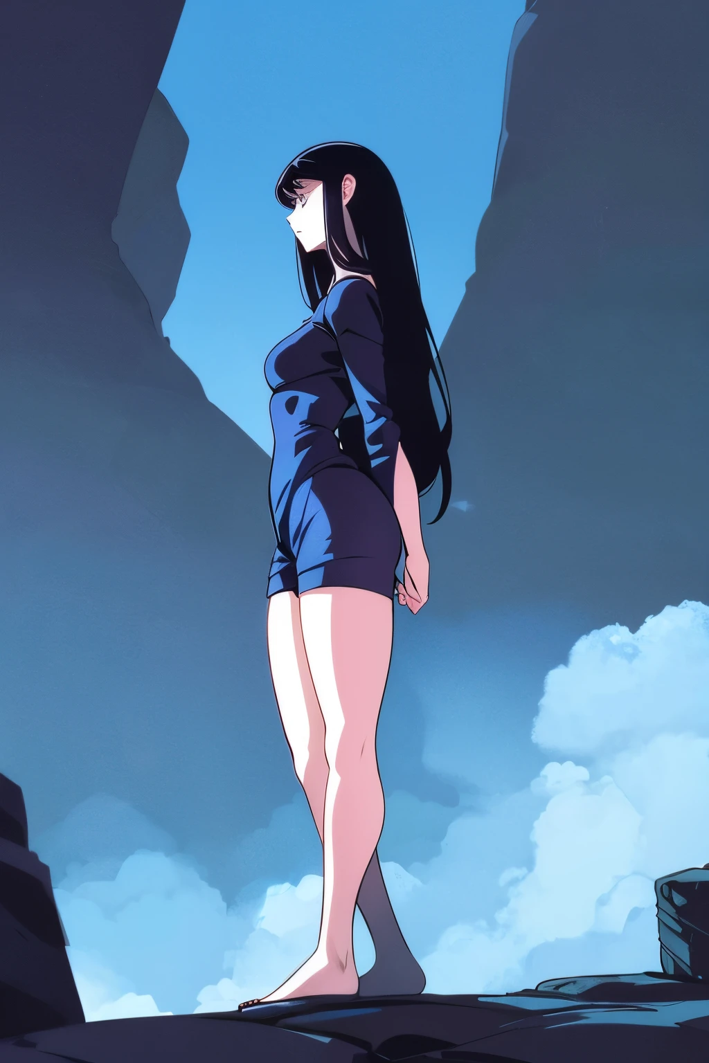 In the quiet of the evening, a solitary figure stands upon the cliff's edge, her back turned to the world, a silent observer of the horizon. With a heaviness in her heart, she gazes into the distance, feeling the weight of unspoken sorrows upon her shoulders. Dressed in a scanty attire, her attire speaks of the season's warmth, yet fails to dispel the chill within.

The girl's silhouette is defined by the fading light, her form outlined against the backdrop of an endless sky painted in hues of melancholy blue and soft pastels. The gentle breeze toys with the edges of her shorts, whispering secrets to the waves crashing below.

Despite the beauty surrounding her, she remains lost in her thoughts, a captive of her own emotions. Each wave that crashes against the rocks below seems to echo the tumult within her soul, mirroring the turbulent sea of her heart. And so she stands, a poignant portrait of solitude, seeking solace in the embrace of the twilight.