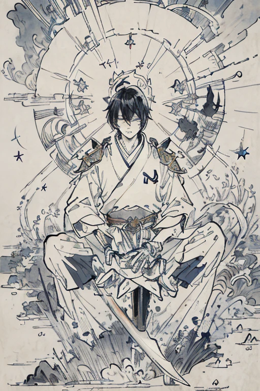 (Masterpiece, Top Quality, 1boy), (Mechanical: 1.3), Young man, Armor, Weapon, Elaborate, Detailed Description, Universe, Sea of Stars, Spiral, Light, Explosion, Mystic, Collective, Geometry, Sacred Artifact, Holy Sword, Katana, Thousand Swords, Countless Weapons, Karakuri, Mythology, Saint, Halo, Apostle of God, Japanese Clothes, Priestess, Black Hair, Bob Cut, (Yankee Sitting: 1.5), Provocation, Spirit, Familiars, detail eyes