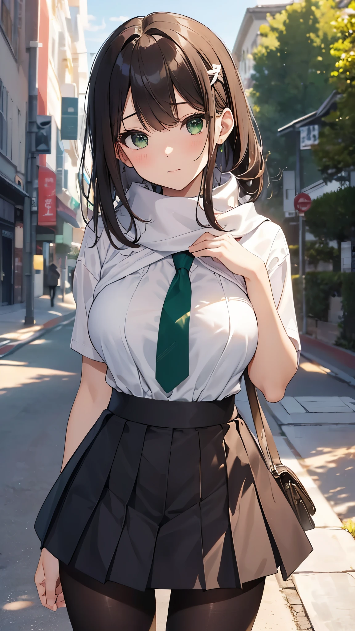 In 8K, highest quality, real image, intricate details, super detailed, Super high resolution, depth field,(Photoreal,realistic:1.2),masterpiece, 0.25 :: Close-up , Frontal shot , From the middle , 1 girl, Eye_Chan, very beautiful 17 year old girl, innocent big eyes, (Brown_short_hair), (green_eye:1.0),(前hair),dishevled hair,(hair clips), perfect shiny skin, perfect skin, fair white skin, huge breasts, cleavage, thin waist, light blush, solo, looking at the viewer, light smile,　perfect five fingers, chubby under clothes、Sweat、 wear((School_uniform)、(white_skirt)、(green_length_tie)、(green_pleats_skirt)、(black_pantyhose:1.2)、 (sculpture installation:1.1)、 Sunset High School in Japan ,skirtを手でめくり上げる、Show white panties、Pull up your skirt and show your panties、big breasts、Functional、Show white panties through stockings、skirtをめくる、skirt flipping、Roll up your scarf with your hands、show underwear、Show off your pants with your own hands、Panty shot、barefoot、open your legs、spread legs、barefoot、wide open legs、Panties digging into the crotch、Raise one leg slightly