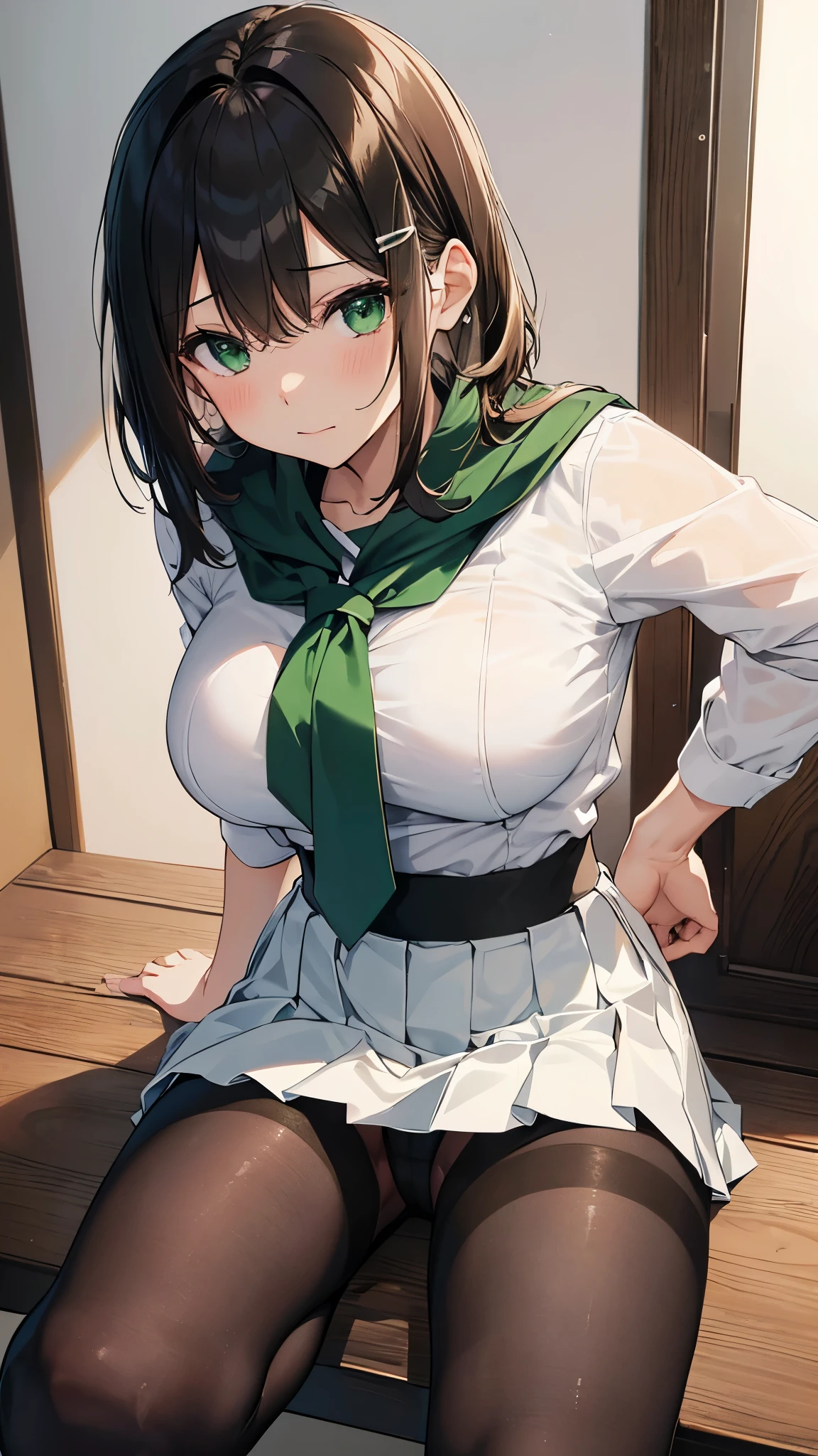 In 8K, highest quality, real image, intricate details, super detailed, Super high resolution, depth field,(Photoreal,realistic:1.2),masterpiece, 0.25 :: Close-up , Frontal shot , From the middle , 1 girl, Eye_Chan, very beautiful  girl, innocent big eyes, (Brown_short_hair), (green_eye:1.0),(前hair),dishevled hair,(hair clips), perfect shiny skin, perfect skin, fair white skin, huge breasts, cleavage, thin waist, light blush, solo, looking at the viewer, light smile,　perfect five fingers, chubby under clothes、Sweat、 wear((School_uniform)、(white_skirt)、(green_length_tie)、(green_pleats_skirt)、(black_pantyhose:1.2)、 (sculpture installation:1.1)、 Sunset High School in Japan ,skirtを手でめくり上げる、Show white panties、Pull up your skirt and show your panties、big breasts、Functional、Show white panties through stockings、skirtをめくる、skirt flipping、Roll up your scarf with your hands、show underwear、Show off your pants with your own hands、Panty shot、barefoot、open your legs、spread legs、barefoot、wide open legs、Panties digging into the crotch、Raise one leg slightly