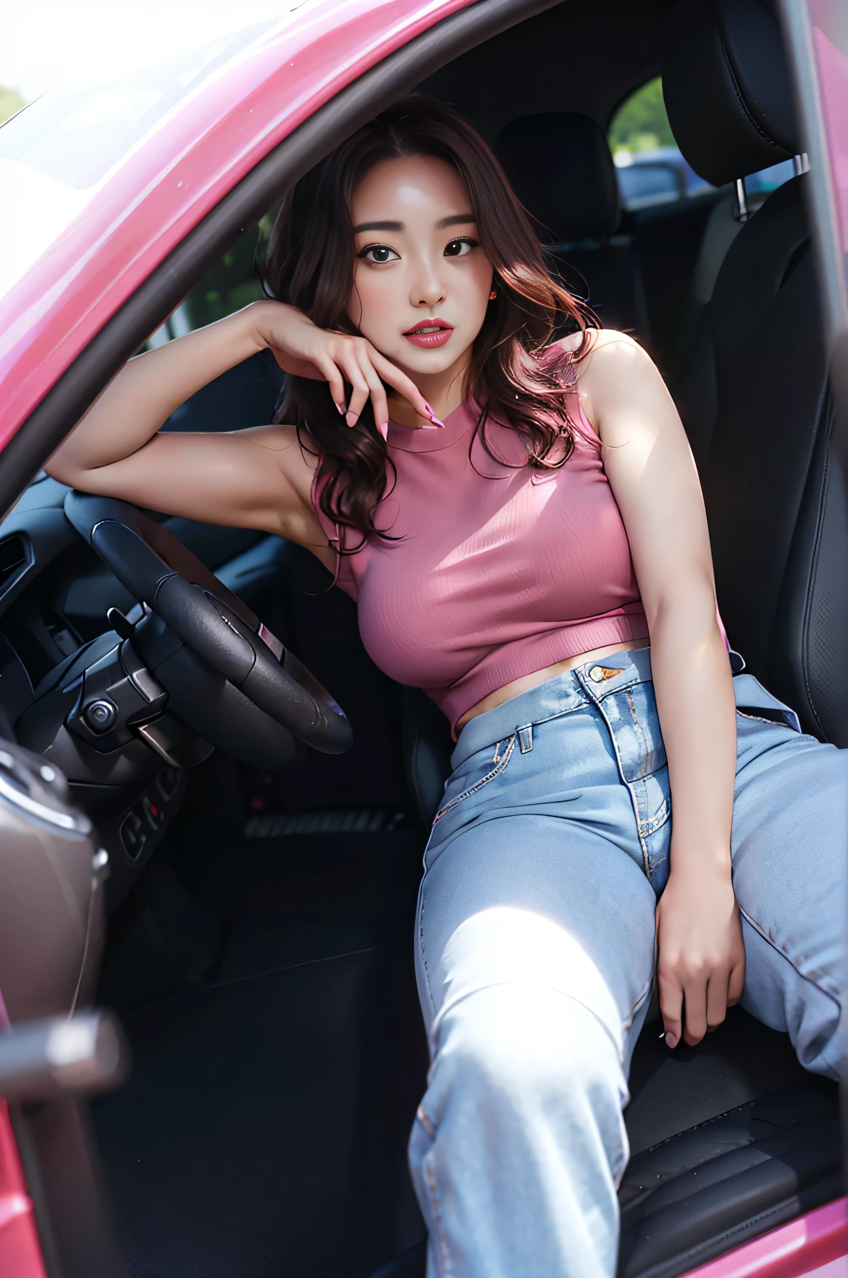 arafed woman sitting in a pink car with her hand on her chin, sitting in her car, mid body shot, wearing a sexy cropped top, photo shoot, casual pose, taken with canon eos 5 d mark iv, full body shot close up, promo shoot, she is wearing streetwear, close body shot, taken with a canon eos 5 d