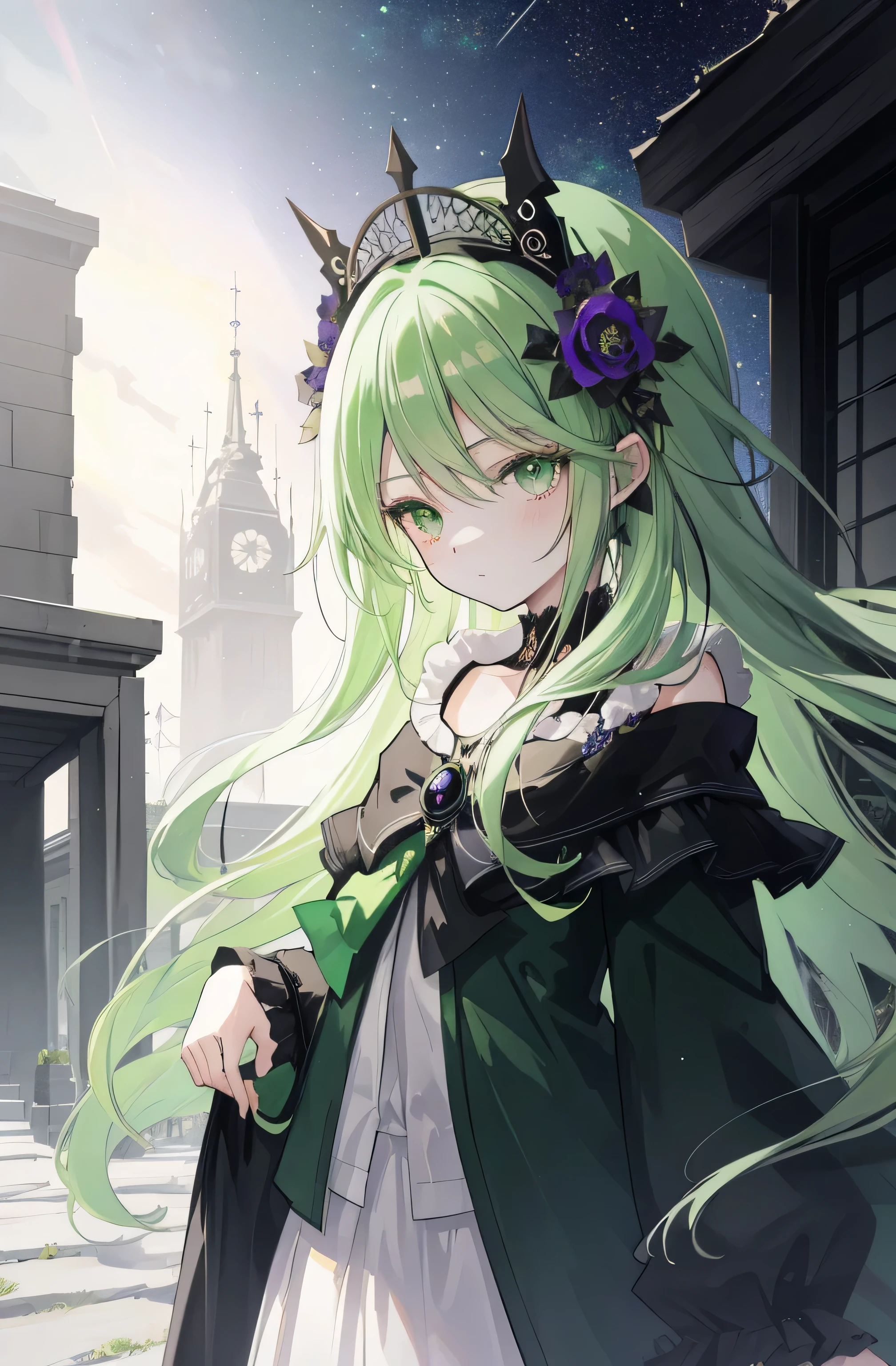 green-haired girl, gesture of fun, vampire clothes, violet clothing with vermilion details, high definition, beautiful face details, full-length shot, haunted house background.