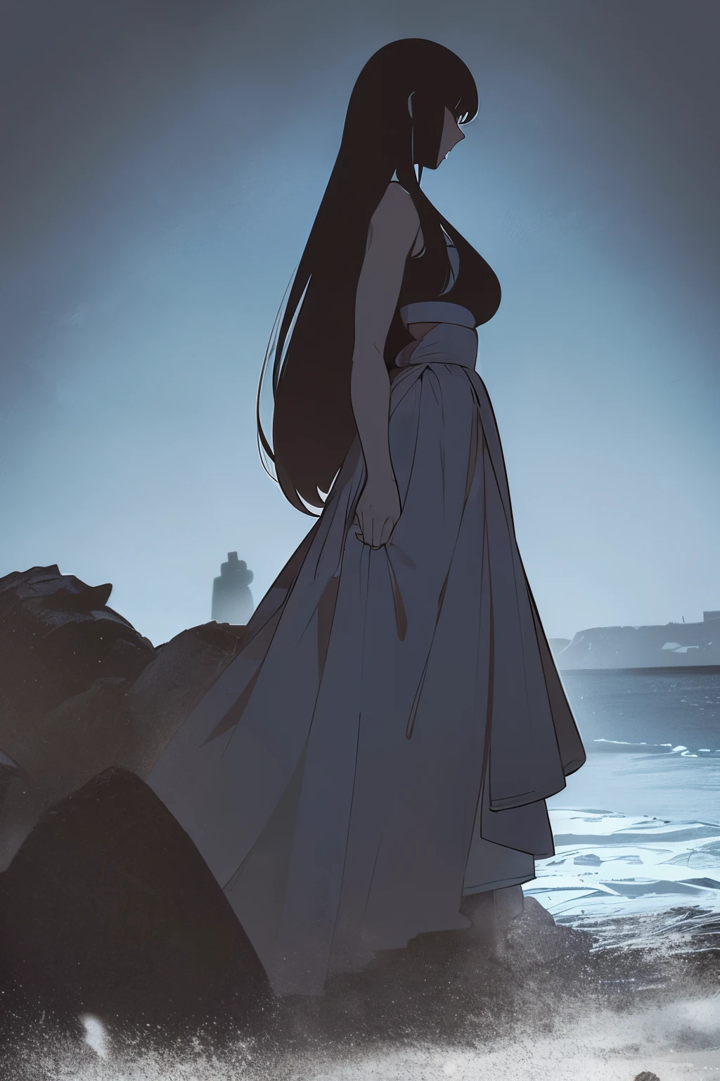 In the quiet of the evening, a solitary figure stands upon the cliff's edge, her back turned to the world, a silent observer of the horizon. With a heaviness in her heart, she gazes into the distance, feeling the weight of unspoken sorrows upon her shoulders. Dressed in a scanty attire, her attire speaks of the season's warmth, yet fails to dispel the chill within.

The girl's silhouette is defined by the fading light, her form outlined against the backdrop of an endless sky painted in hues of melancholy blue and soft pastels. The gentle breeze toys with the edges of her shorts, whispering secrets to the waves crashing below.

Despite the beauty surrounding her, she remains lost in her thoughts, a captive of her own emotions. Each wave that crashes against the rocks below seems to echo the tumult within her soul, mirroring the turbulent sea of her heart. And so she stands, a poignant portrait of solitude, seeking solace in the embrace of the twilight.