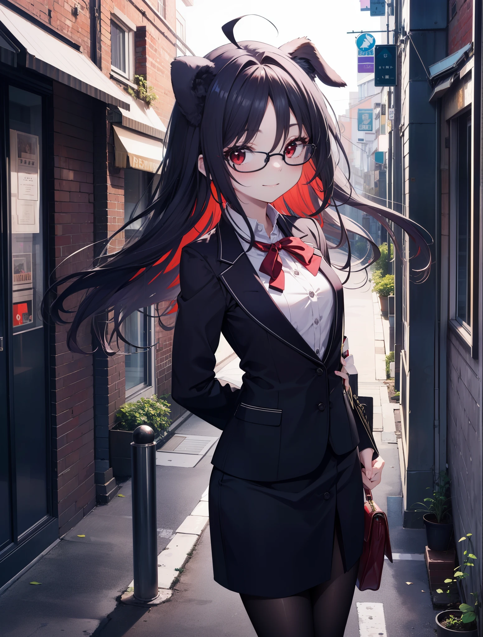 yuukikonno, Yuki Konno, hair band, long hair, purple hair, (red eyes:1.5), (small breasts:1.2), Ahoge,close your mouth,animal ears　dog ears,animal tail　dog tail,OL, red glasses, Fundo, black suit jacket, collared jacket, white dress shirt, collared shirt, neckline, button, strap, ID card on neck, black pencil skirt, black pantyhose, stiletto heels,place your arms behind your back,smile, blush, morning,morning日
break looking at viewer, 上から見下ろす
break outdoors, city,building street,
break (masterpiece:1.2), highest quality, High resolution, unity 8k wallpaper, (shape:0.8), (beautiful and detailed eyes:1.6), highly detailed face, Always thin fingers,perfect lighting, Very detailed CG, (perfect hands, perfect anatomy),
