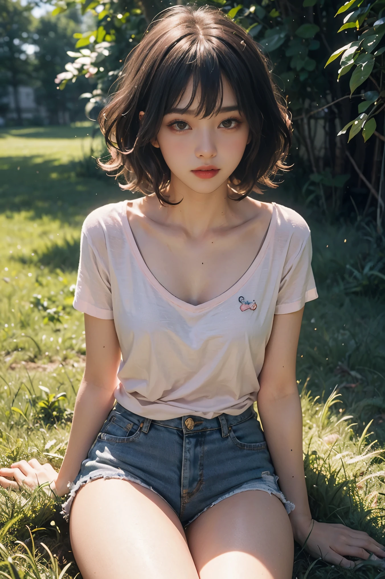 Beautiful skin, shining skin,skin pores, shining hair, hair bang, black pink hair, full blush face, wide flat chest, summer t-shirts, sexy legs, grass, phosphorescent, gentle lights, vibrant colours, intricate details, high quality, masterpiece, photography