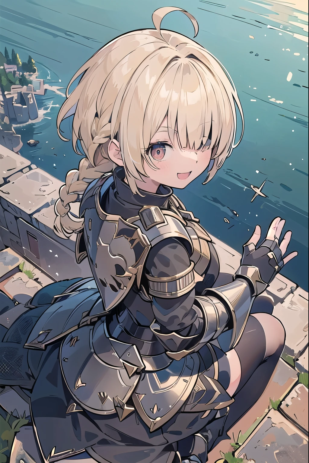 masterpiece, medieval townscape　horizon　Upper body　girl　((((armored dress knight))))　skirt　Thighhighs　, ((wave hands))　clear　blonde　((((((hair over one eye)))))), Braid Styles, spiked hair, blunt bangs, bob hair, a braid, Ahoge　red eyes　looking at the viewer,　((smile)), ((wariza))　adventurer　((from above)), from side, open mouth