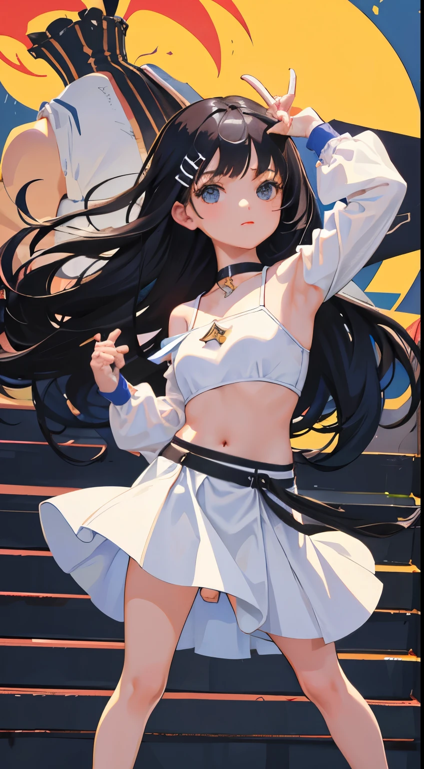(short cute girl,small young student,young delicate girl),(masterpiece,Top quality),crop top look,dress,long black hair