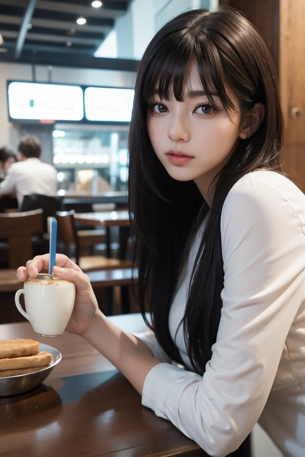 high quality,high resolution,beautiful woman,girl,bangs,simple,Cafe