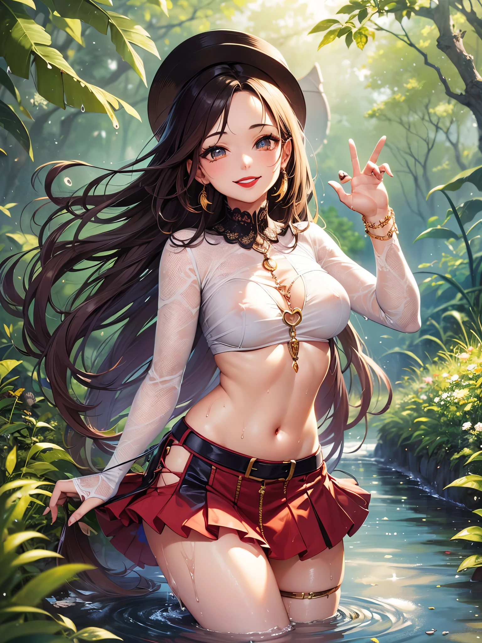 ((highest quality)),(ultra high resolution),(Super detailed),(detailed description),((best CG)),(best work of art),super precision art,great drawing art,(Art with precise details:1.5), (one girl:1.8),(beautiful and well-shaped face:1.5),(Clear eyes:1.5,(red lips:1.6),(Wet body:1.6),(smile:1.6),(mini skirt:1.4),(Absolute area:1.5),(Beautiful leg lines:1.5), (Exquisite and detailed outdoor scenery:1.7),