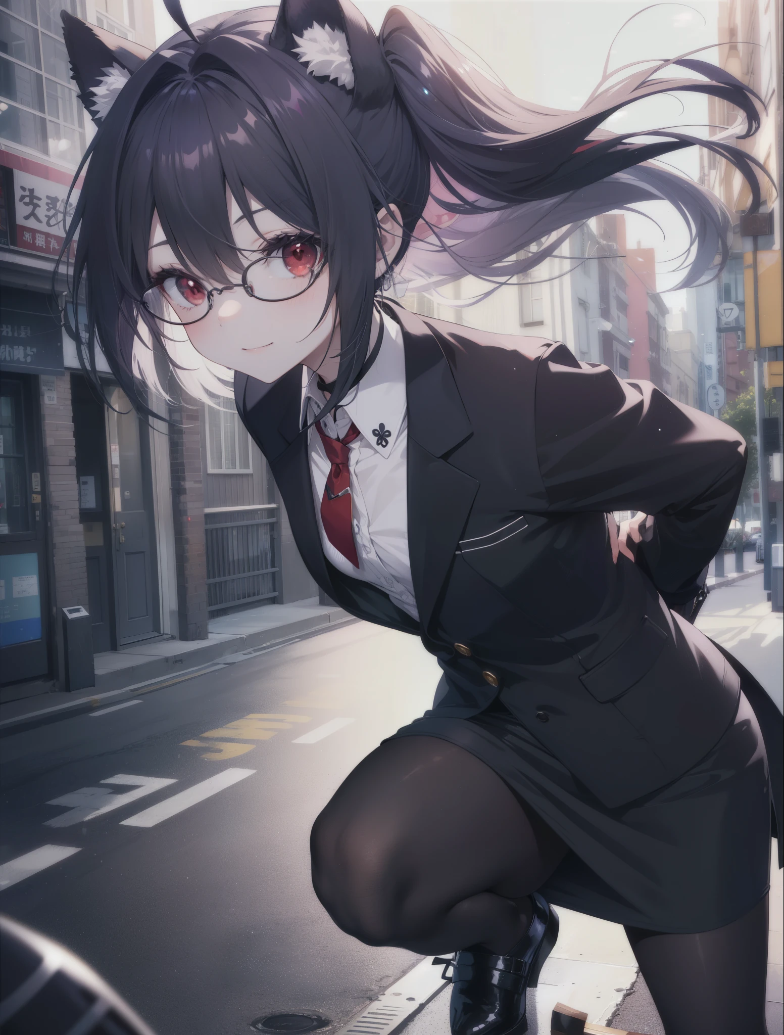 yuukikonno, Yuki Konno, hair band, long hair, purple hair, (red eyes:1.5), (small breasts:1.2), Ahoge,close your mouth,animal ears dog ears,animal tail dog tail,OL, red glasses, Fundo, black suit jacket, collared jacket, white dress shirt, collared shirt, neckline, button, strap, ID card on neck, black pencil skirt, black pantyhose, stiletto heels,place your arms behind your back,smile, blush, morning,morning日
break looking at viewer, 上から見下ろす
break outdoors, city,building street,
break (masterpiece:1.2), highest quality, High resolution, unity 8k wallpaper, (shape:0.8), (beautiful and detailed eyes:1.6), highly detailed face, Always thin fingers,perfect lighting, Very detailed CG, (perfect hands, perfect anatomy),