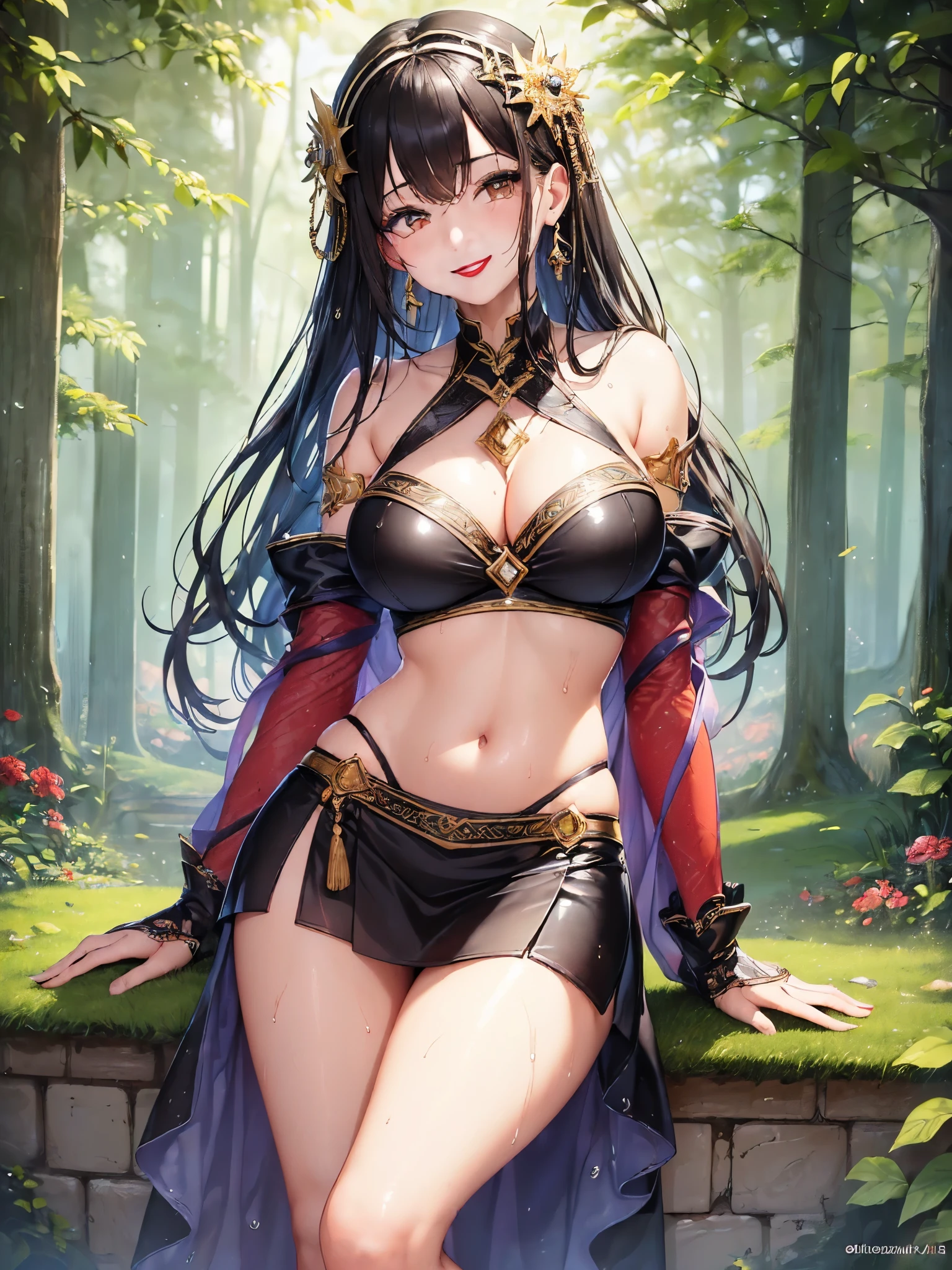 ((highest quality)),(ultra high resolution),(Super detailed),(detailed description),((best CG)),(best work of art),super precision art,great drawing art,(Art with precise details:1.5), (one girl:1.8),(beautiful and well-shaped face:1.5),(Clear eyes:1.5,(red lips:1.6),(Wet body:1.6),(smile:1.6),(mini skirt:1.4),(Absolute area:1.5),(Beautiful leg lines:1.5), (Exquisite and detailed outdoor scenery:1.7),