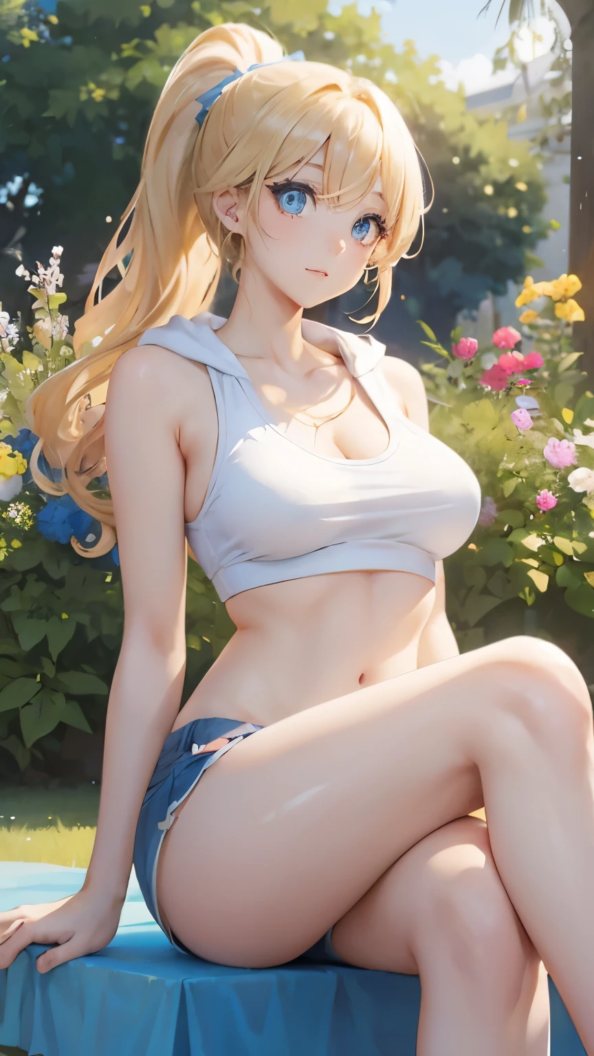 (masterpiece:1.2), (highest quality:1.2),, Curvy but slender body, perfect eyes, perfect face, perfect lighting, 1 girl, in the garden, （aerobics），（feet visible），（hoodie），（shorts），（Tank top），（ponytail），curly hair, Fine clothes, Detailed outdoor background, compensate, eye shadow, thick eyelashes, fantasy, looking at the viewer, whole body，alice in wonderland、blue sky、Bright and very beautiful face、young shiny glossy white shiny skin、the best beauty、The most beautiful bright blonde hair in the world、thin hair、long hair、Shining beautiful bangs、Glowing crystal clear big blue eyes、Very beautiful and lovely 18 years old, the most beautiful girl in the world、small breasts