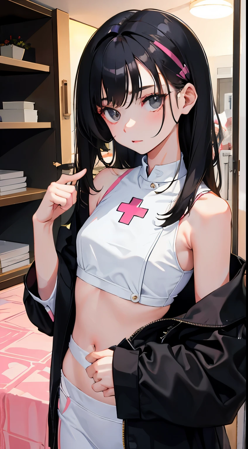 (short cute girl,small young student,young delicate girl),(masterpiece,Top quality),crop top look,nurse,long black hair