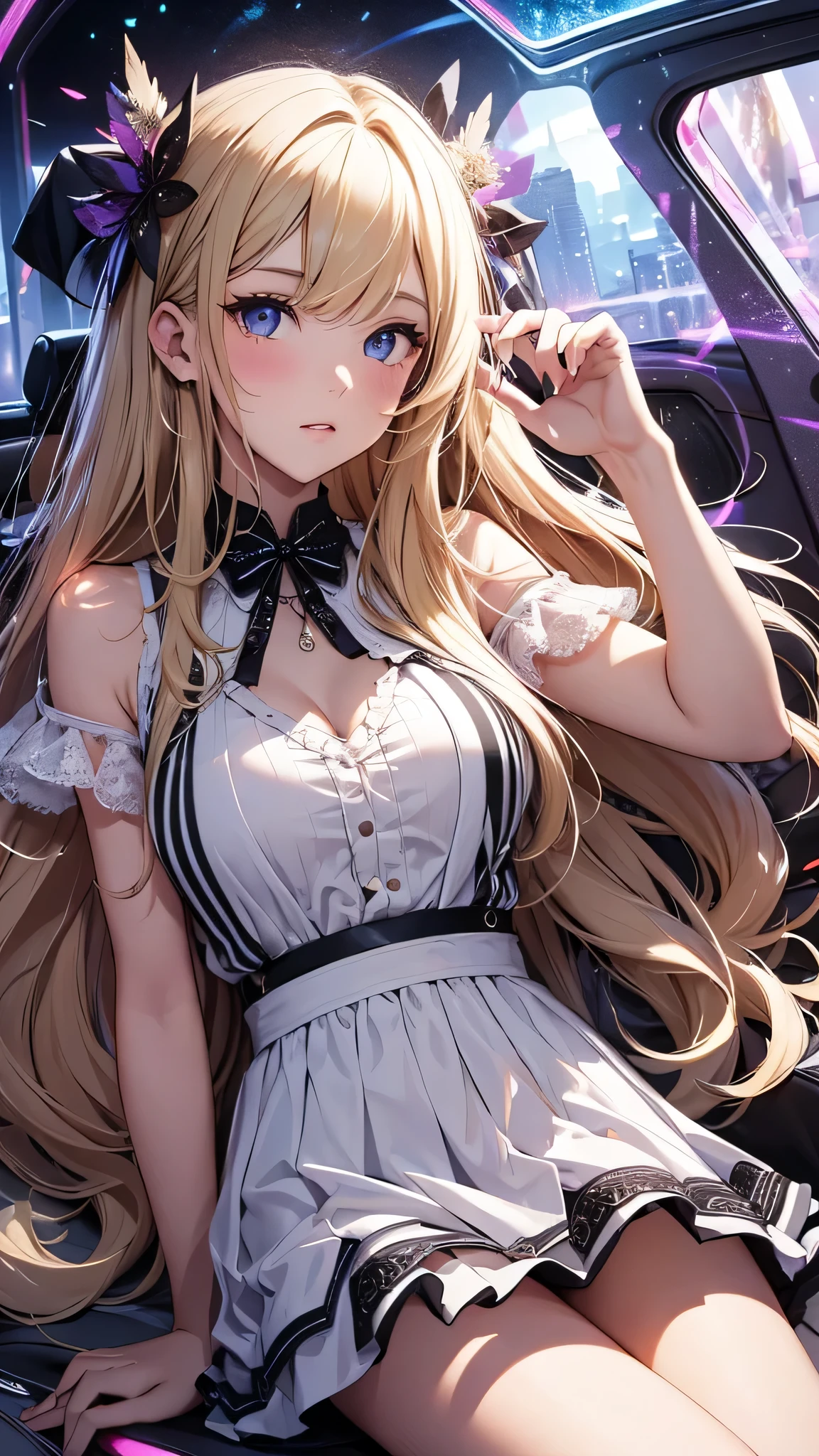 最high quality、best image quality、masterpiece、teenage girl((20-year-old、 By becoming、vest bust、medium bust,wide open breast tea、black eye, blonde hair、long hair、thin,highest valley、white dress、white short skirt,chest、Undressing Pose)),high quality、beautiful art、background((sedan、inside the car,encrusted diamonds))debris flies、Depth of written boundary、movie、visual art、perfect art、8K,genuine