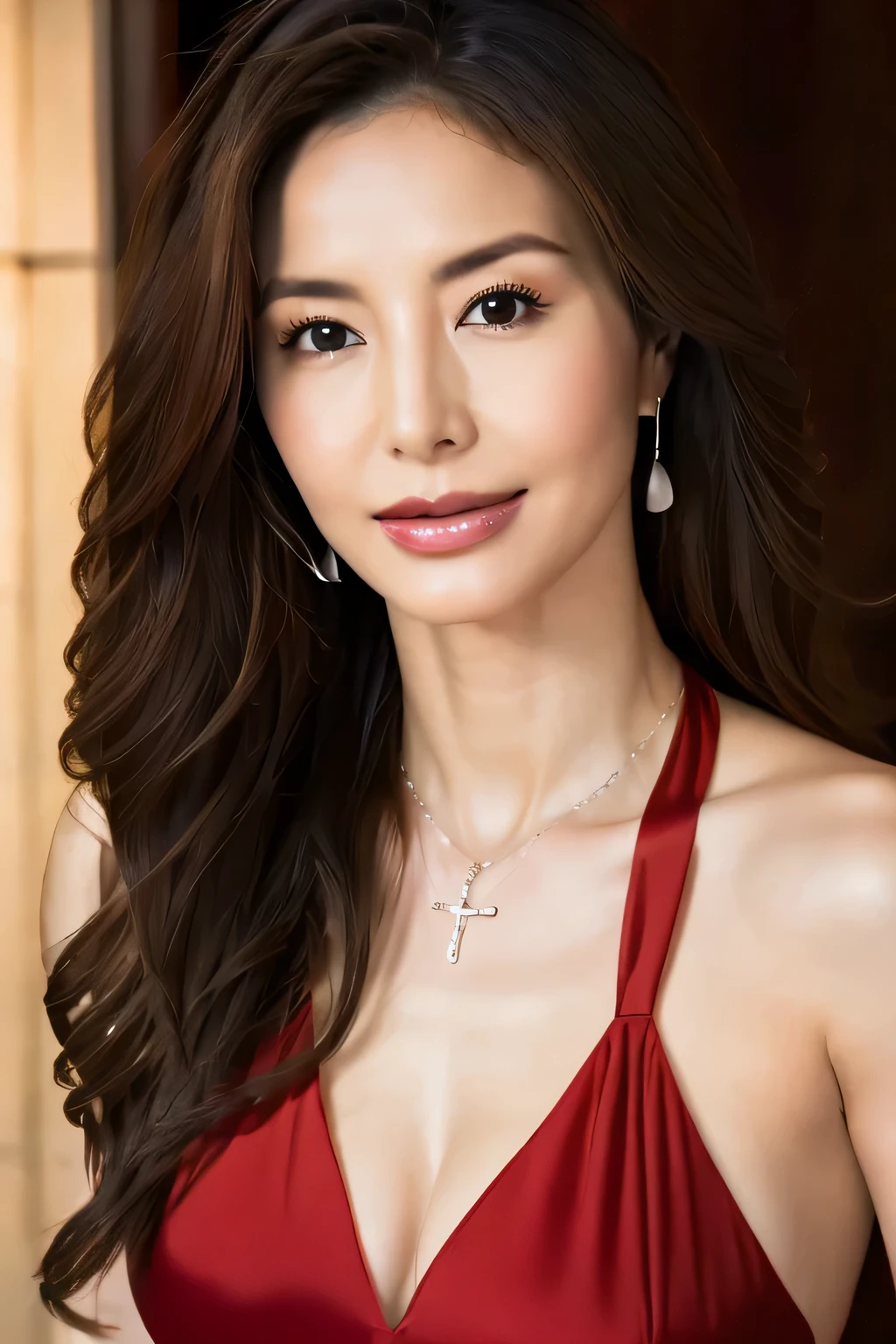 (She is wearing a shiny red elegant cross halter mermaid dress。: 1.3), ((innocent and cute girl: 1.3)), (focus on face: 1.2), (sexy face:1.2), (Voluminous layered hairstyles, brown hair, wavy hair, long hair), middle～big breasts, (cowboy shot), (Inside the party venue), ((A place where celebrities and famous people gather:1.2)), ((seduction pose on Instagram:1.3)), perfect body, looking at the viewer, break, (masterpiece: 1.3), maximum resolution, Ultra HDTV, cinema light, Ultra HDTV, (fine eyes and Skin), (detailed facial features), HDR, 8K resolution, sharp focus: 1.2, perfect style, beautiful face, Highly detailed face and skin texture, fine eyes, double eyelid, thin eyebrows, glitter eyeliner: 1.2, natural cheeks, shiny skin, Fair skin, small shiny necklace and earrings, (glossy lips: 1.4),
