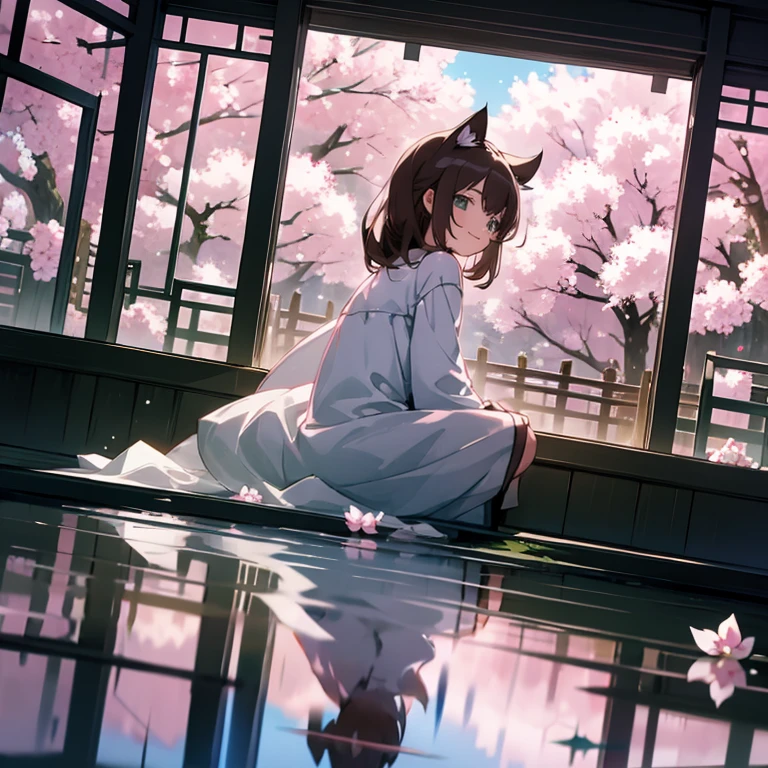 masterpiece, 最high quality, high quality, Highly detailed 8K wallpaper, landscape, indoor,Japanese-style house {{{festival, ポスト荘厳なlandscape, Desolate and eerie atmosphere, collapsed building, overgrown plants, Undeservedly beautiful, dramatic lighting, Scattered debris, A sense of mystery and melancholy.a destroyed world}}}、girl、Cat ear、brown hair、long hair、small、7 years old、cute、yukata、{Perfect thigh exposure lineup: 1.0},barefoot, {貧乳1:1}, {bust1:1}、yukataのみ、{yukata, No underwear, 完璧なBare skin，: 1.2}、fun、Bare skin、fair skin、{Wet skin｝、{Revealing clothing｝、{short clothes｝、{perfect face shape 1:4｝、{Light floating in the background 1:2｝、From the side、walk、whole body、{accurate limbs｝、plum、cherry blossoms、hydrangea、amaryllis、lily、Kaneki rhinoceros、peony、Camellia、cherry blossoms草