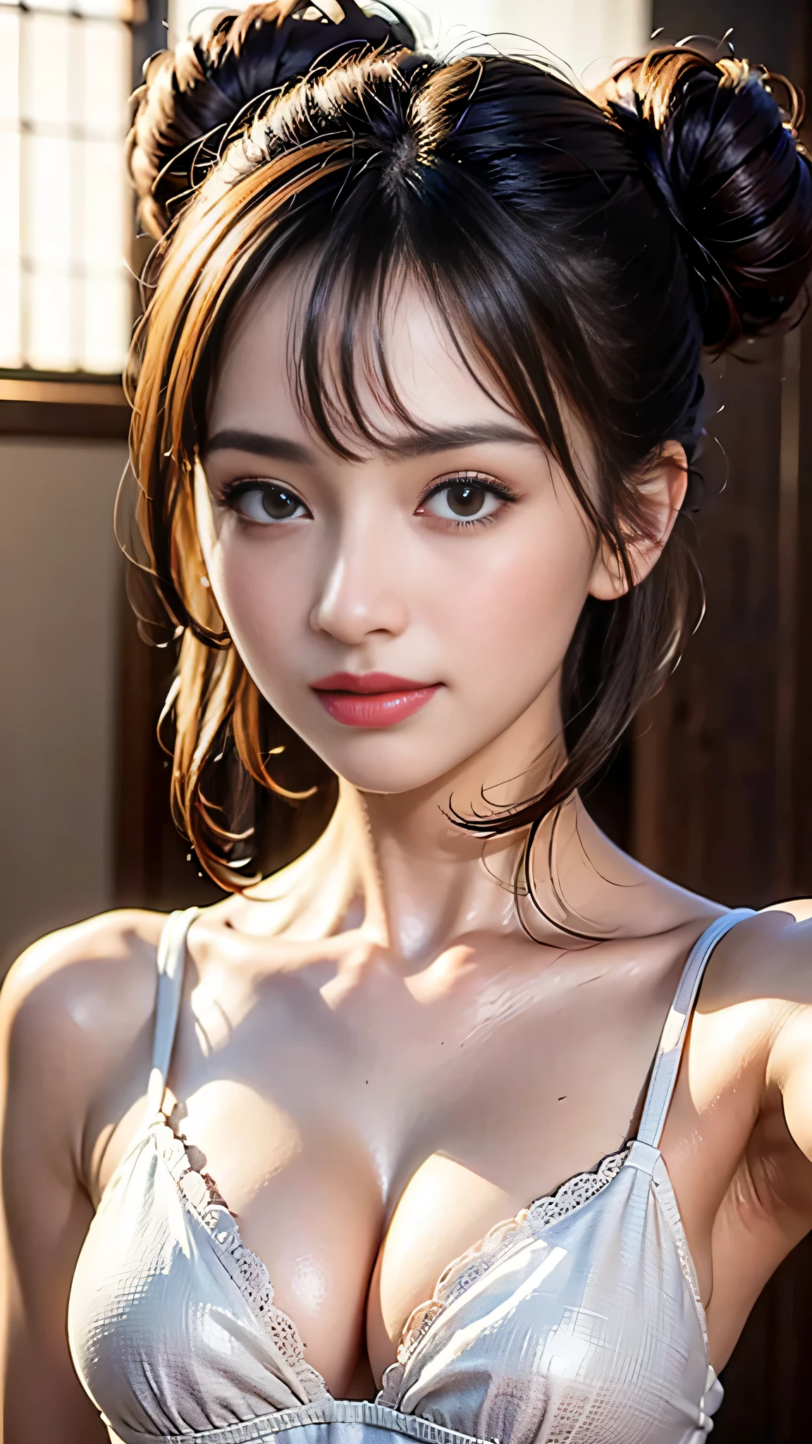 (Close-up:1.4)、(RAW photo:1.2)、(photorealistic:1.4)、(masterpiece:1.3)、(highest quality:1.4)、(Beautiful woman with perfect body:1.4)、solo、7 head and body、(cute face)、(cute:1.2)、(full body shot)、(beautiful detailed eyes)、(charming big eyes)、(beautiful double eyelids)、(beautiful and detailed face)、light smile、1 female、slim body、(D cup leotard top:1.2)、(flare skirt:1.2)、(beautiful thighs)、(bun hair)、(brown hair)、(perfect anatomy:1.2)、ticker、muste piece、curate、Looking straight ahead、シャープフォーカスClose-up、Instagram、Viewer&#39;s perspective、selfie、