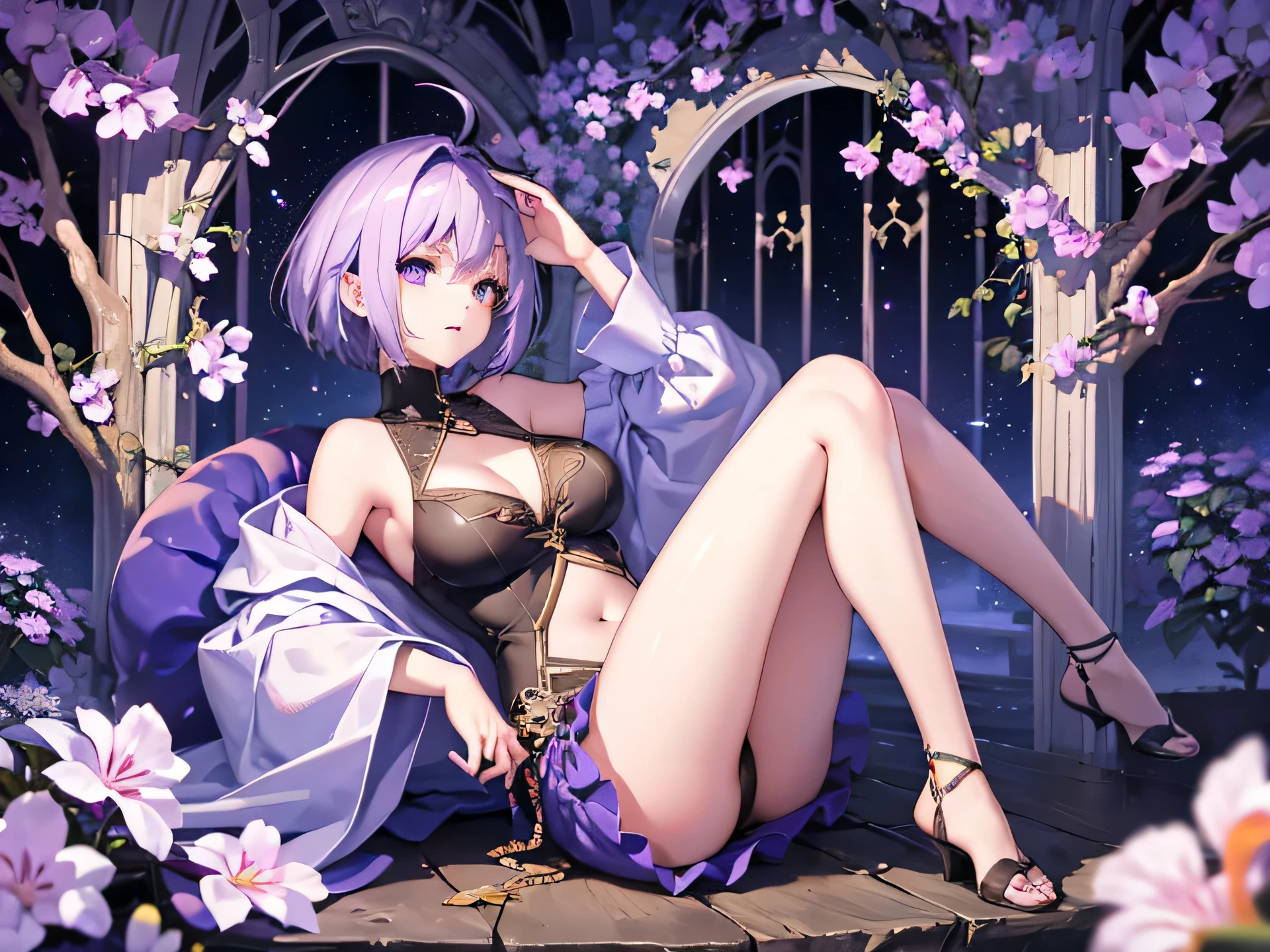 very short haircut, hair covering left side of eyes, cute, , sexy pose, full body, purple violet skimpy mage clothing, big breasts, white violet hair, big hips, white skin