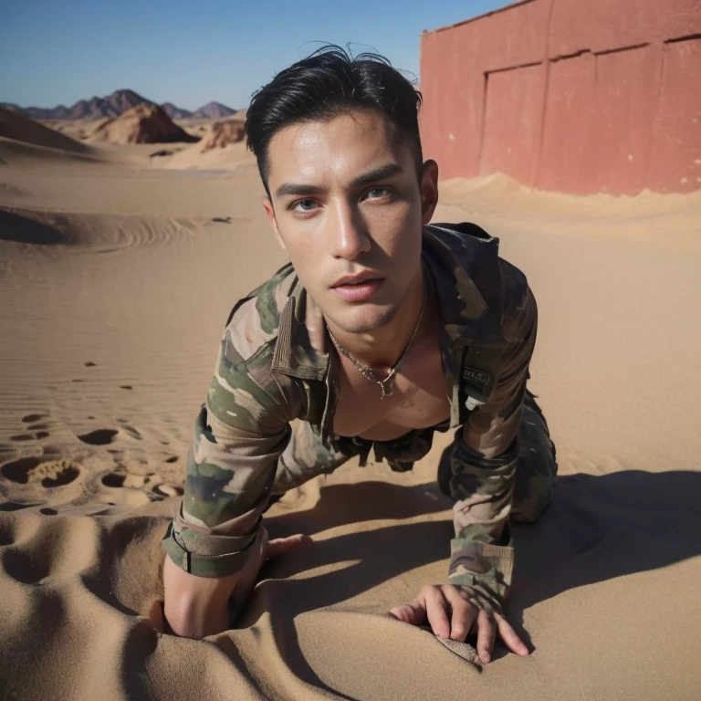 ((masterpiece)), ((best quality:1.2)), High Resolution, 8k, (ultra_realistic:1.3), (photorealistic:1.4), sharp focus, (perfect face),  , handsome sexy soldier, camouflage pants,  bondage collar, boots, ammunition belt, desert environment , defeat , sex slave , kneeling to enemies  ,  nsfw , eroticism , 3 penis on his face  ,4boys , 
