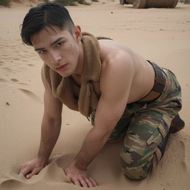 ((masterpiece)), ((best quality:1.2)), High Resolution, 8k, (ultra_realistic:1.3), (photorealistic:1.4), sharp focus, (perfect face), , handsome sexy soldier, camouflage pants, bondage collar, boots, ammunition belt, desert environment , defeat , sex slave , kneeling to enemies , nsfw , eroticism , 3 penis on his face ,4boys ,