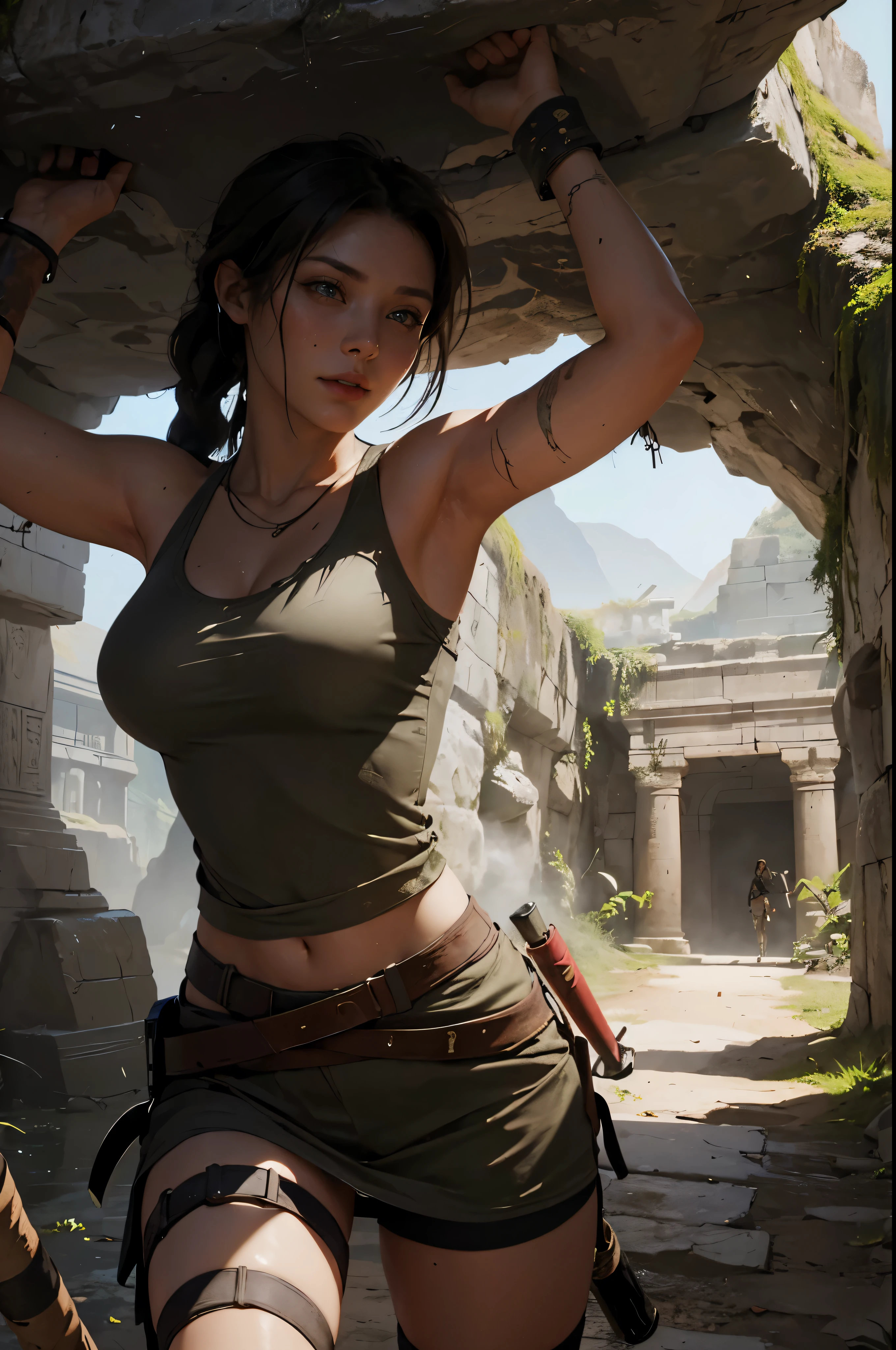 (((Underground landscape of the ancient kingdom))), A beautiful young explorer stood in the distance., ((Wear the Tomb Raider outfit.))