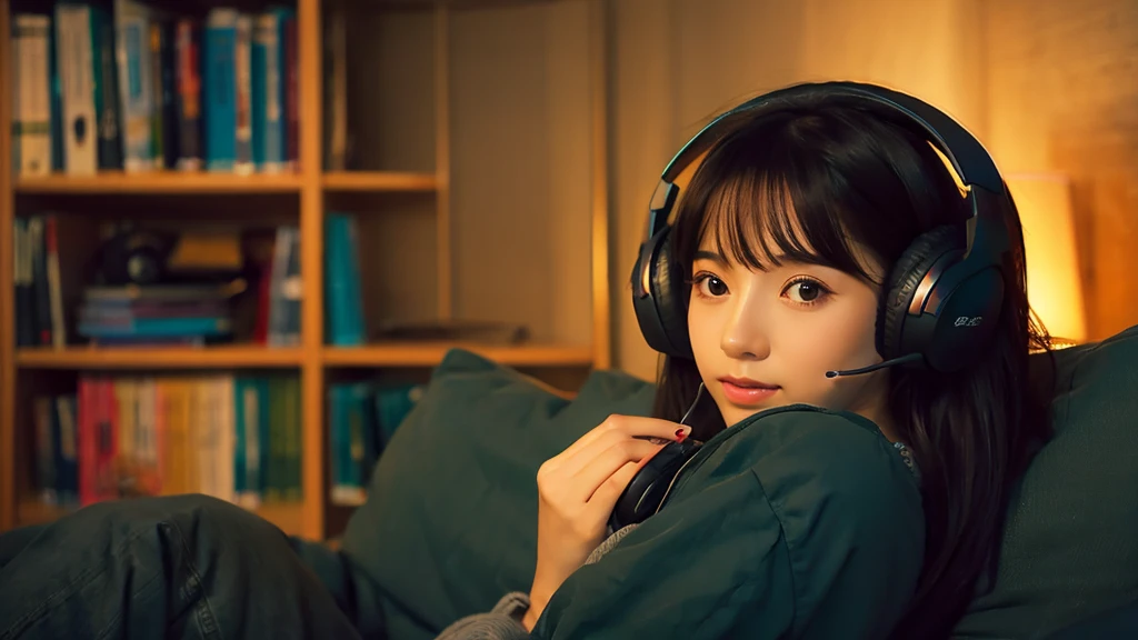 Highest image quality,25 year old beautiful woman listening to music in a cozy room at night, Big eyes impress,use headphones, 2D style anime, lo-fi, iMac,hard disk, dark environment