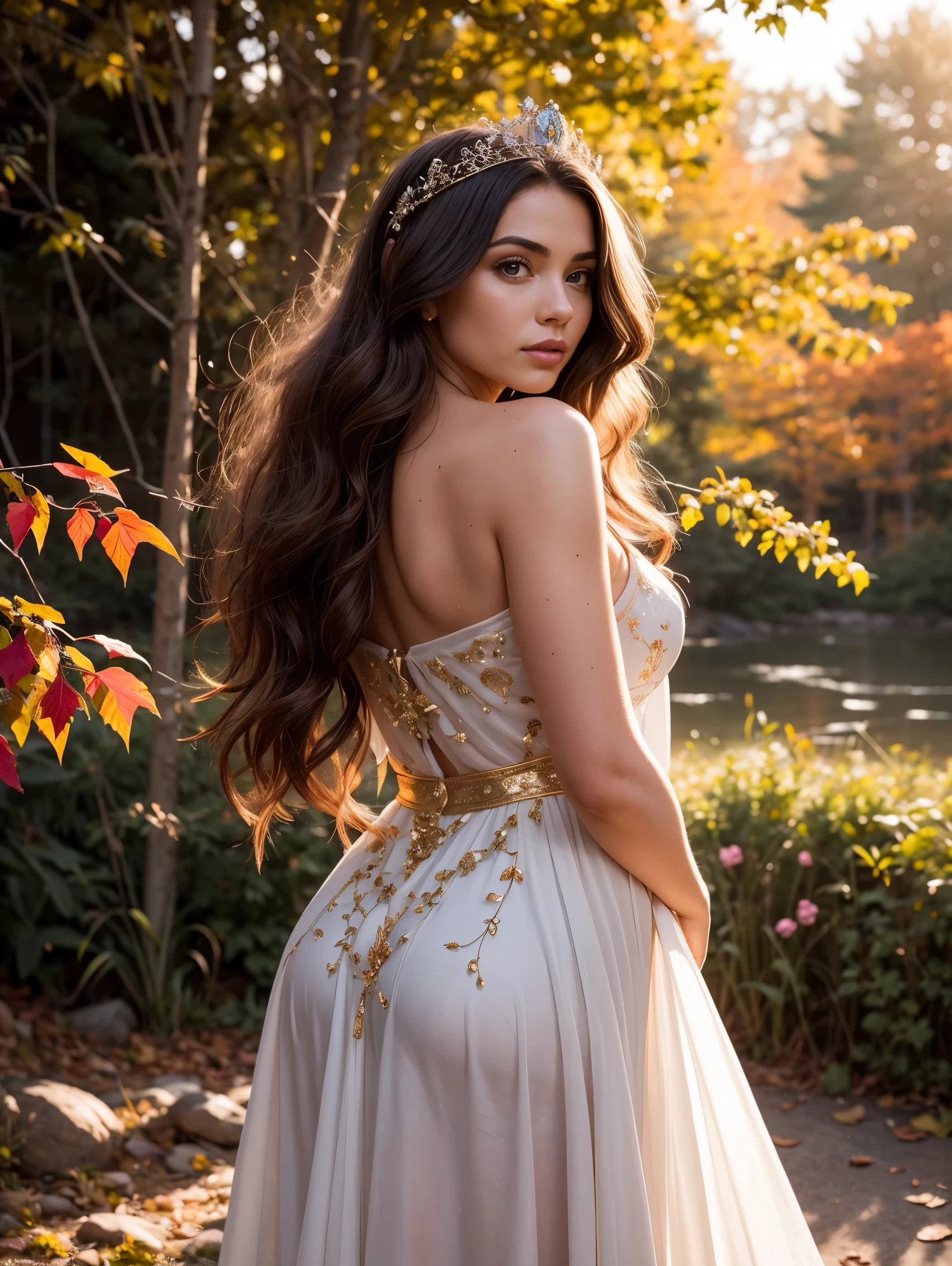 A radiant and enchanting Nordic goddess gracefully standing amidst a vibrant autumn landscape. Her flowing auburn locks cascade down her shoulders, adorned with a crown of golden leaves that mirror the colorful foliage surrounding her. She is cloaked in a gown of earthy tones, embroidered with intricate patterns representing the changing seasons. The soft glow of the setting sun casts a warm, ethereal light upon her, infusing the scene with a magical ambiance.