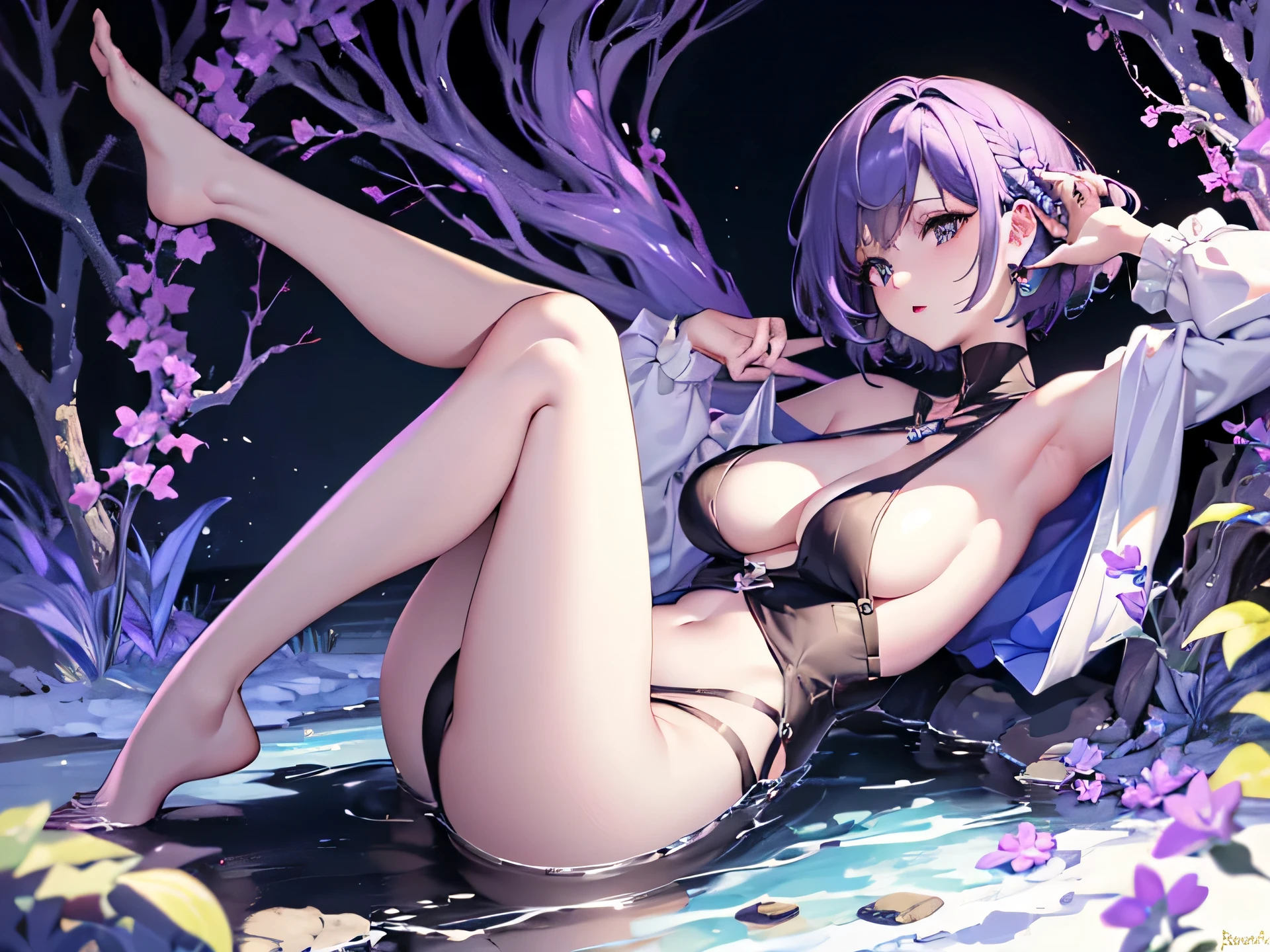 very short haircut, hair covering left side of eyes, cute, , sexy pose, full body, purple violet skimpy mage clothing, big breasts, white violet hair, big hips, white skin