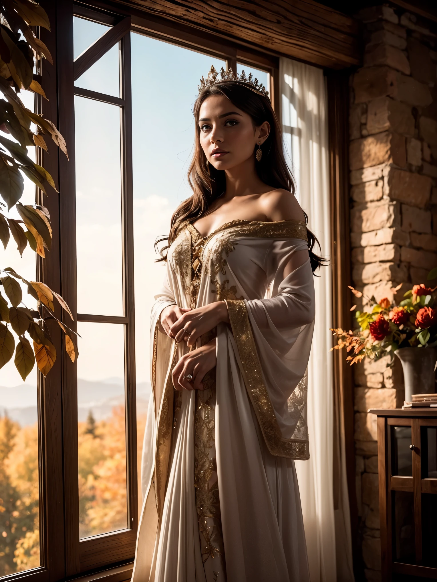 A radiant and enchanting Nordic goddess gracefully standing amidst a vibrant autumn landscape. Her flowing auburn locks cascade down her shoulders, adorned with a crown of golden leaves that mirror the colorful foliage surrounding her. She is cloaked in a gown of earthy tones, embroidered with intricate patterns representing the changing seasons. The soft glow of the setting sun casts a warm, ethereal light upon her, infusing the scene with a magical ambiance.