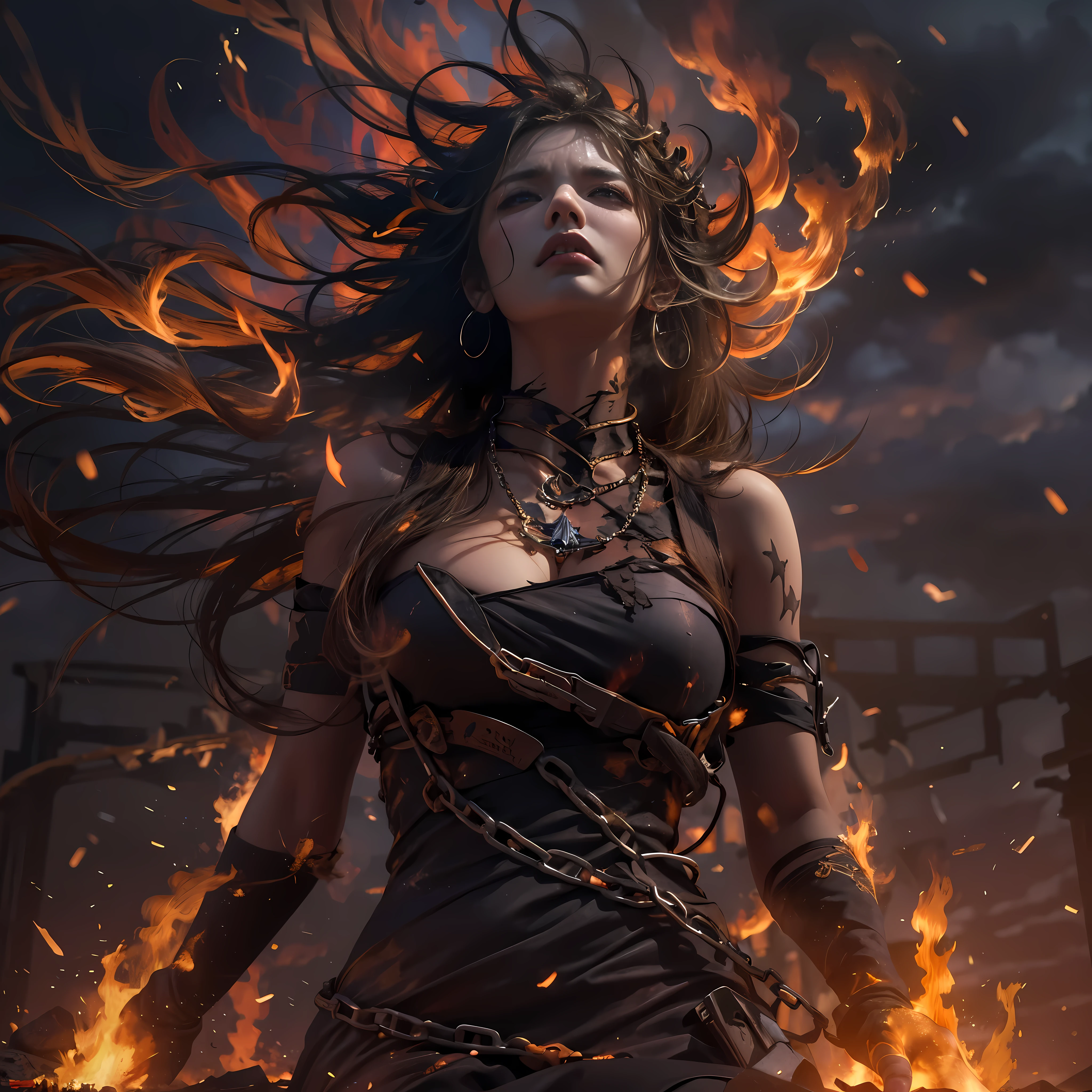 (best quality,4k,8k,highres,masterpiece:1.2),ultra-detailed,(realistic,photorealistic,photo-realistic:1.37),female giantess chained and wrapped in burning chains,view from below,illustration,metallic texture,demonic atmosphere,massive figure,wielding immense power,melting chains,scorching heat,rays of light piercing through the cracks,fierce determination,ominous shadows,exquisite detailing,steaming heat waves,smoke rising,fiery glow,fireworks-like sparks,dramatic composition,dark fantasy,emerald flames,ferocious expression,glowing eyes,burning tattoos,fiery destruction,apocalyptic scene,crumbling ruins,distant flames,molten lava,giant footsteps shaking the ground,awe-inspiring presence,unstoppable force,battlefield devastation,constantly growing in size,threatening clouds looming above,crimson danger,indomitable spirit,enchanted chains,tormented anguished expression,majestic and fearsome,stunningly beautiful,demonic transformation,transcendent power,untamed chaos,ferocious determination,storm of fire and fury