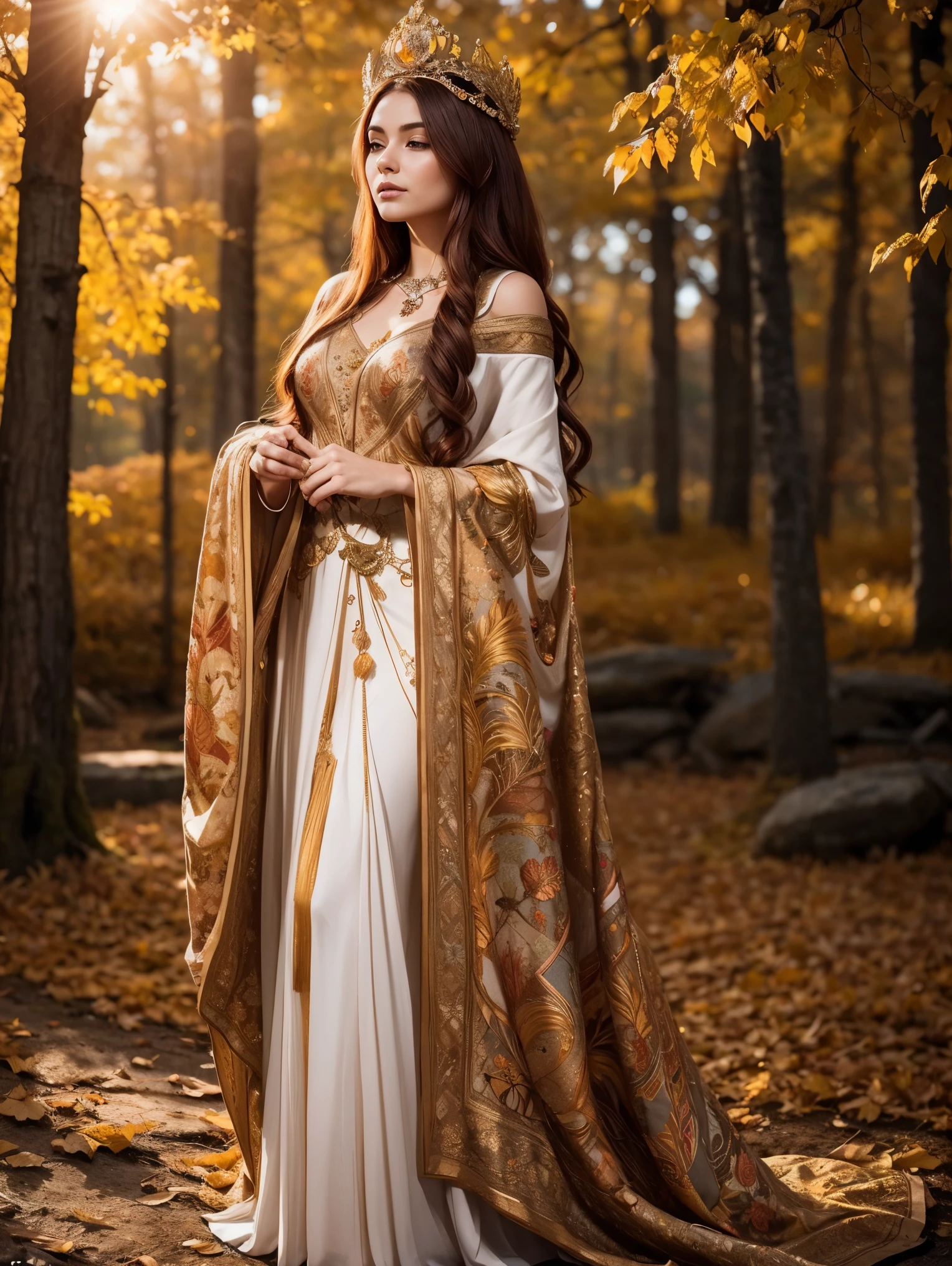 A radiant and enchanting Nordic goddess gracefully standing amidst a vibrant autumn landscape. Her flowing auburn locks cascade down her shoulders, adorned with a crown of golden leaves that mirror the colorful foliage surrounding her. The ground is covered with autumn-colored leaves . She is cloaked in a gown of earthy tones, embroidered with intricate patterns representing the changing seasons. The soft glow of the setting sun casts a warm, ethereal light upon her, infusing the scene with a magical ambiance.