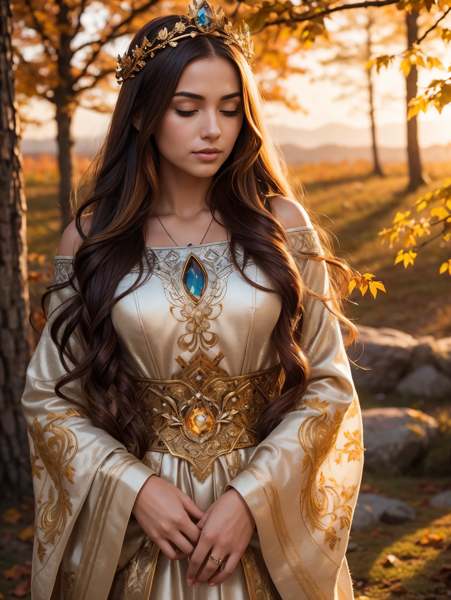 A radiant and enchanting (((Nordic goddess))) gracefully standing amidst a vibrant autumn landscape. Her flowing auburn locks cascade down her shoulders, adorned with a crown of golden leaves that mirror the colorful foliage surrounding her. The ground is covered with autumn-colored leaves . She is cloaked in a gown of earthy tones, embroidered with intricate patterns representing the changing seasons. The soft glow of the setting sun casts a warm, ethereal light upon her, infusing the scene with a magical ambiance.