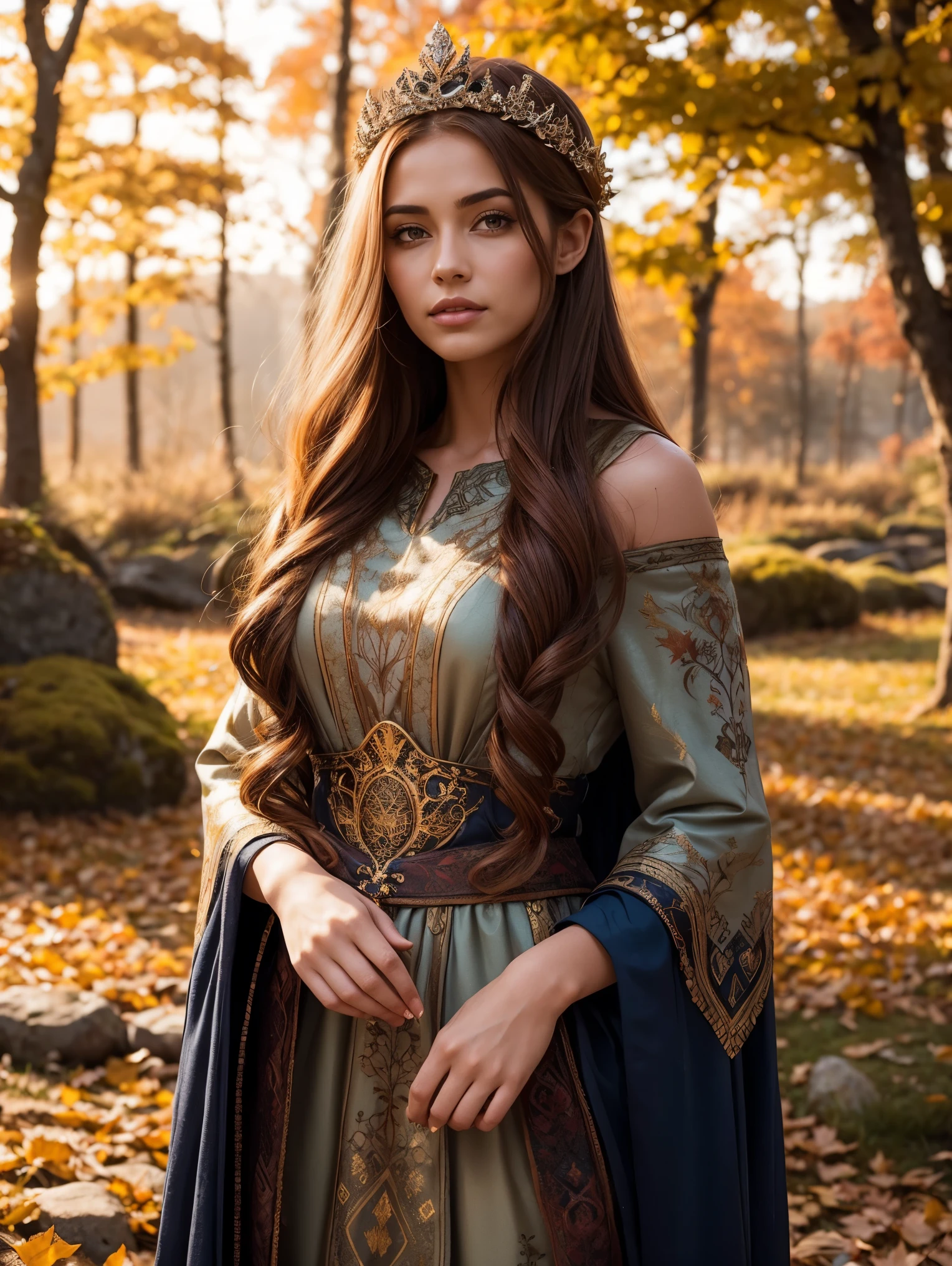 A radiant and enchanting (((Nordic goddess))) gracefully standing amidst a vibrant autumn landscape. Her flowing auburn locks cascade down her shoulders, adorned with a crown of golden leaves that mirror the colorful foliage surrounding her. The ground is covered with autumn-colored leaves . She is cloaked in a gown of earthy tones, embroidered with intricate patterns representing the changing seasons. The soft glow of the setting sun casts a warm, ethereal light upon her, infusing the scene with a magical ambiance.