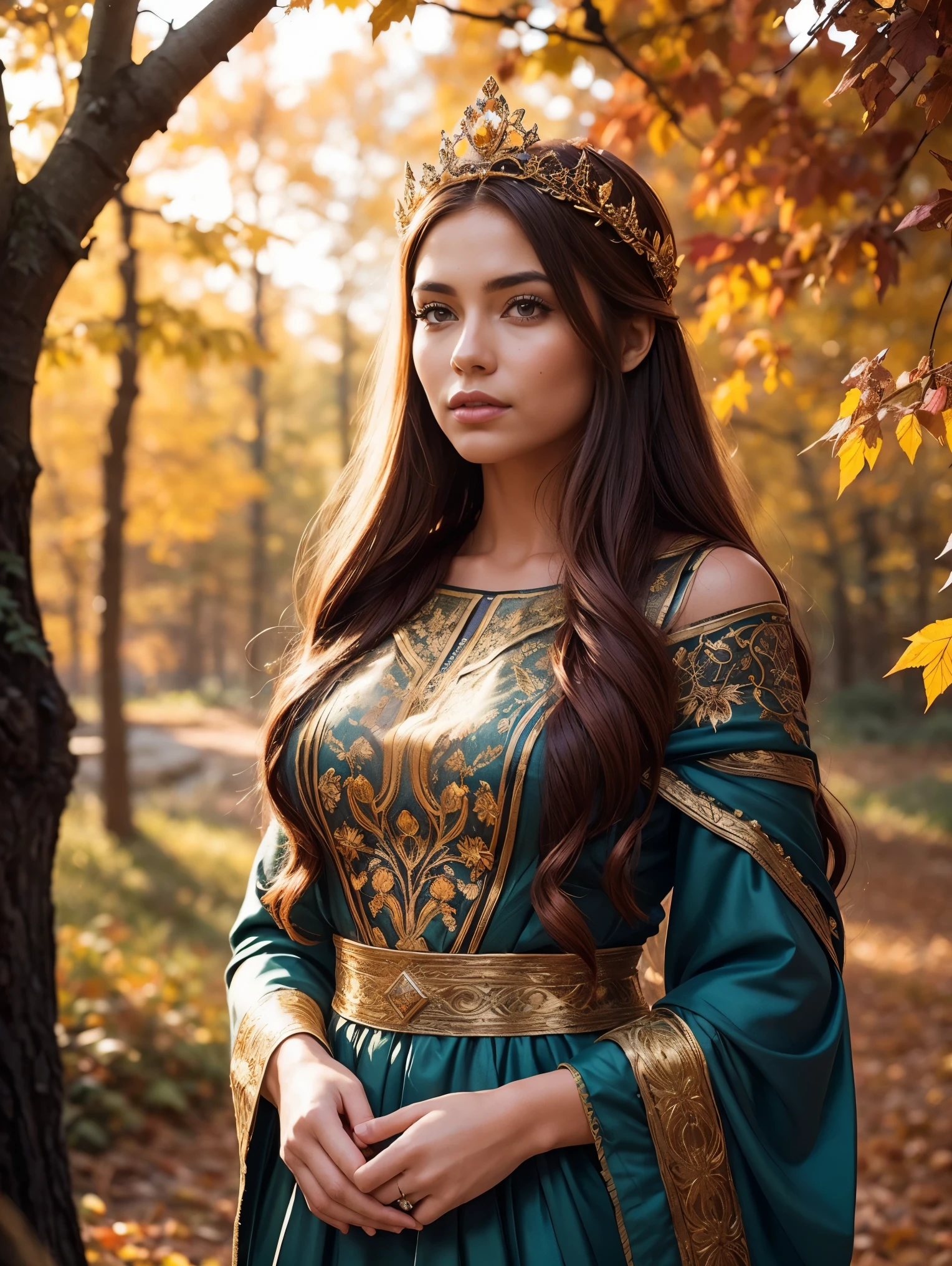 A radiant and enchanting (((Nordic goddess))) gracefully standing amidst a vibrant autumn landscape. Her flowing auburn locks cascade down her shoulders, adorned with a crown of golden leaves that mirror the colorful foliage surrounding her. The ground is covered with autumn-colored leaves . She is cloaked in a gown of earthy tones, embroidered with intricate patterns representing the changing seasons. The soft glow of the setting sun casts a warm, ethereal light upon her, infusing the scene with a magical ambiance.