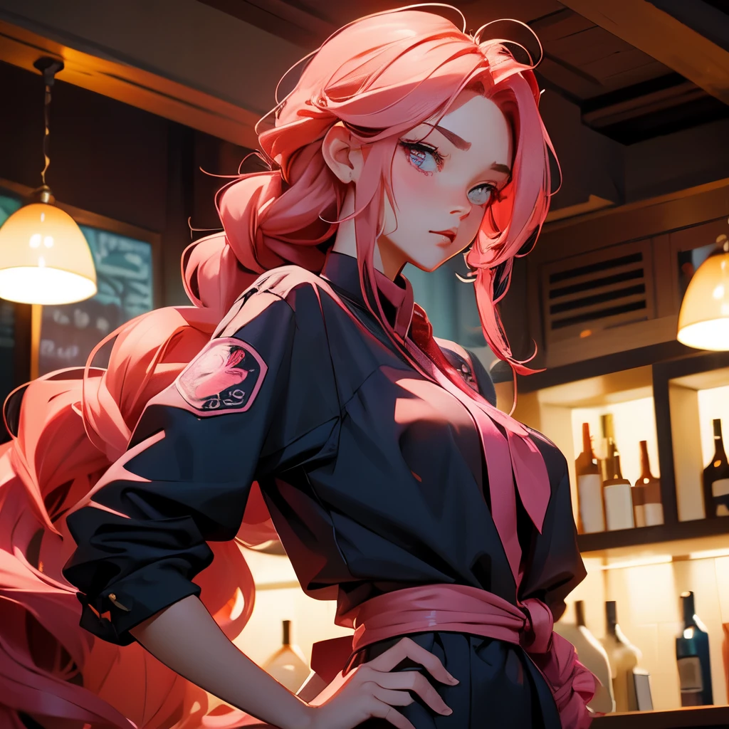 anime style、
red long hair、Loosely tied together at the back and braided、Missing left eye、His hair hides his left eye.、Light pink eyes、The back is、A little expensive、Wearing a bartender's uniform、woman、strong hearted、kind