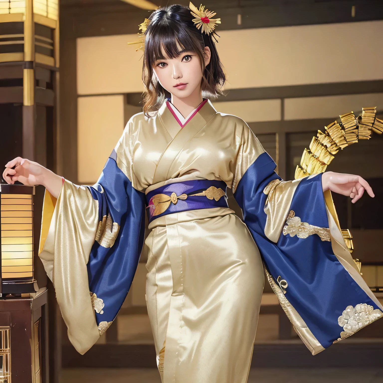 (Beautiful model in Japanese kimono commercial, beautiful straight long hair), alone, ((face 80% beauty and elegance, 20% pretty and cute:1.5)), clear eyes, (fine eyes, light green eyes, bright pupils), double eyelid, (Slightly thick and sexy lips:1.2), ((Super detailed and incredibly high resolution kimono:1.2)), Highly detailed facial texture, impressive body shape, Curvaceous and very attractive woman, High resolution RAW color photos Professional photography, break Ultra High Resolution Textures, High resolution body rendering, big eyes, A masterpiece like no other in history, incredible high resolution, Super detailed, stunning ceramic skin, break ((When I turned around, I can see the pattern of the kimono.:1.2)), ((Wearing a Rimpa kimono with plenty of glittering gold:1.5)), ((Gold as the main color、This is a kimono with very luxurious embroidery.......:1.2)), (Half color and band dark blue) ,(Elaborately crafted Japan classic kimono), ((Embroidered pattern is peacock., Flowing water pattern, and colorful flowers):1.2), ((Kimono with elaborate and elegant decorations)), (Commemorative photo in front of the Rimpa Kinkon Feng Shui folding screen REAK ((highest quality, 8K)), sharp focus:1.2, (layer cut, big:1.2), (beautiful woman with perfect figure:1.4), (Beautifully shaped breasts:1.3), thin waist, (correct hand shape:1.5), (full body shot | cowboy shot)、Rear view