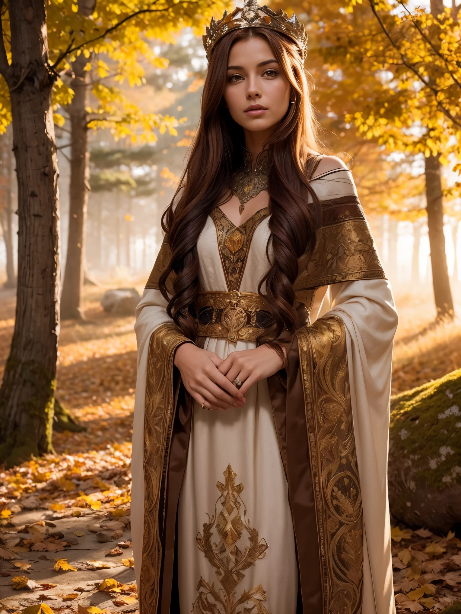 A radiant and enchanting (((Nordic goddess))) gracefully standing amidst a vibrant autumn landscape. Her flowing auburn locks cascade down her shoulders, adorned with a crown of golden leaves that mirror the colorful foliage surrounding her. The ground is covered with autumn-colored leaves . She is cloaked in a gown of earthy tones, embroidered with intricate patterns representing the changing seasons. The soft glow of the setting sun casts a warm, ethereal light upon her, infusing the scene with a magical ambiance. Autumn-colored dead leaves are carried by the breeze.