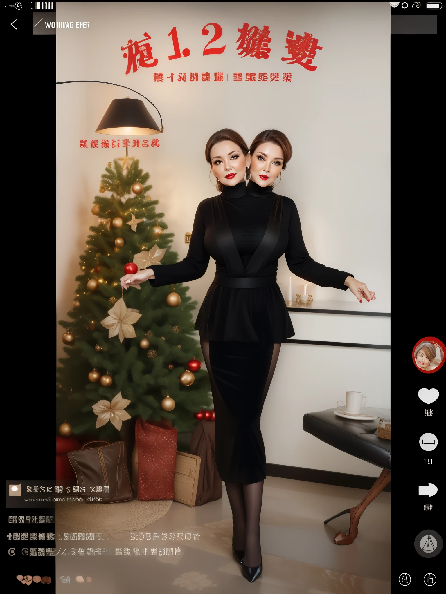 2 heads,Portrait of a 60 year old woman with brown hair, captivating gaze, brown eyes, wrinkles on her face, black pantyhose,She wears very sexy lingerie that exposes her big saggy breasts。, light makeup and red lips. 32K