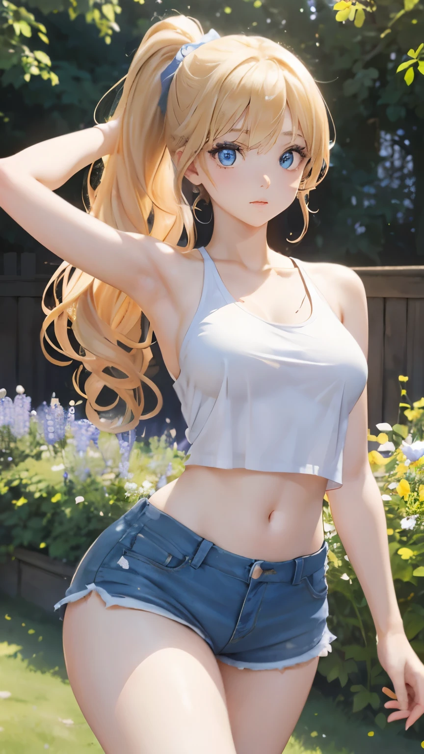 (masterpiece:1.2), (highest quality:1.2),, Curvy but slender body, perfect eyes, perfect face, perfect lighting, 1 girl, in the garden, (shake your hips),(feet visible),(dance violently),(shorts),(Tank top),(ponytail),curly hair, Fine clothes, Detailed outdoor background, compensate, eye shadow, thick eyelashes, fantasy, looking at the viewer, whole body,alice in wonderland、blue sky、Bright and very beautiful face、young shiny glossy white shiny skin、the best beauty、The most beautiful bright blonde hair in the world、thin hair、long hair、Shining beautiful bangs、Glowing crystal clear big blue eyes、Very beautiful and lovely 18 years old, the most beautiful girl in the world、small breasts