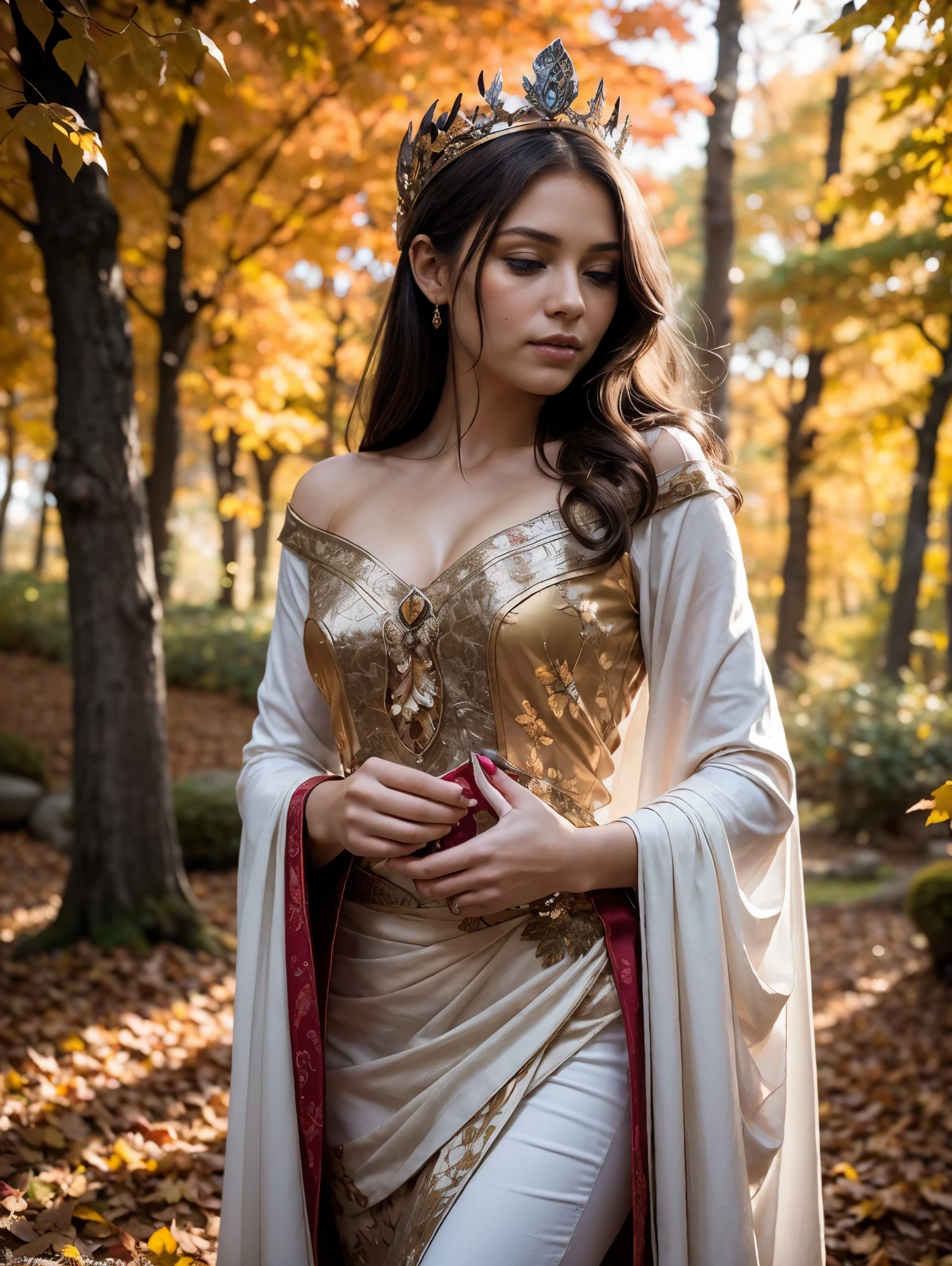 A radiant and enchanting (((Nordic goddess))) gracefully standing amidst a vibrant autumn landscape. Her flowing auburn locks cascade down her shoulders, adorned with a crown of golden leaves that mirror the colorful foliage surrounding her. The ground is covered with autumn-colored leaves . She is cloaked in a gown of earthy tones, embroidered with intricate patterns representing the changing seasons. The soft glow of the setting sun casts a warm, ethereal light upon her, infusing the scene with a magical ambiance.((( Autumn-colored dead leaves are carried by the breeze))).