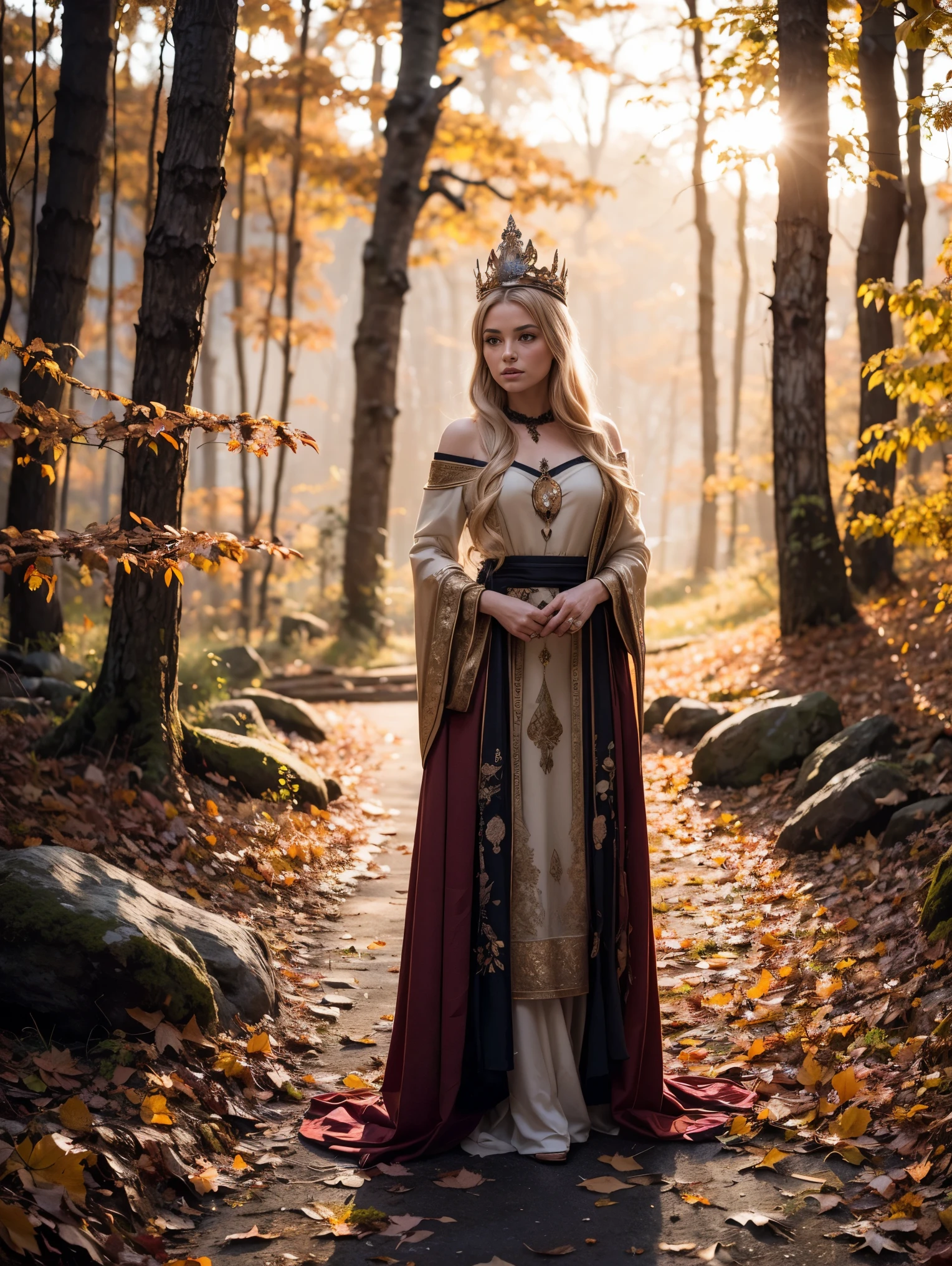 A radiant and enchanting (((Nordic goddess))) gracefully standing amidst a vibrant autumn landscape. Her flowing auburn locks cascade down her shoulders, adorned with a crown of golden leaves that mirror the colorful foliage surrounding her. The ground is covered with autumn-colored leaves . She is cloaked in a gown of earthy tones, embroidered with intricate patterns representing the changing seasons. The soft glow of the setting sun casts a warm, ethereal light upon her, infusing the scene with a magical ambiance.((( Autumn-colored dead leaves are carried by the breeze))).