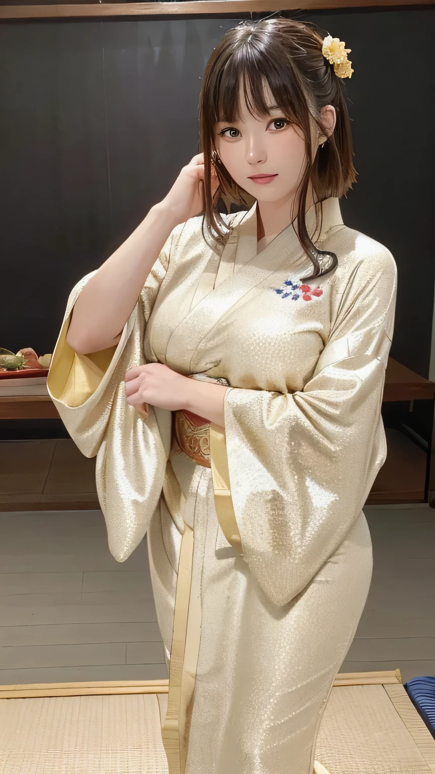 (Beautiful model in Japanese kimono commercial, beautiful straight long hair), alone, ((face 80% beauty and elegance, 20% pretty and cute:1.5)), clear eyes, (fine eyes, light green eyes, bright pupils), double eyelid, (Slightly thick and sexy lips:1.2), ((Super detailed and incredibly high resolution kimono:1.2)), Highly detailed facial texture, impressive body shape, Curvaceous and very attractive woman, High resolution RAW color photos Professional photography, break Ultra High Resolution Textures, High resolution body rendering, big eyes, A masterpiece like no other in history, incredible high resolution, Super detailed, stunning ceramic skin, break ((When I turned around, I can see the pattern of the kimono.:1.2)), ((Wearing a Rimpa kimono with plenty of glittering gold:1.5)), ((Gold as the main color、This is a kimono with very luxurious embroidery.......:1.2)), (Half color and band dark blue) ,(Elaborately crafted Japan classic kimono), ((Embroidered pattern is peacock., Flowing water pattern, and colorful flowers):1.2), ((Kimono with elaborate and elegant decorations)), (Commemorative photo in front of the Rimpa Kinkon Feng Shui folding screen REAK ((highest quality, 8K)), sharp focus:1.2, (layer cut, big:1.2), (beautiful woman with perfect figure:1.4), (Beautifully shaped breasts:1.3), thin waist, (correct hand shape:1.5), (full body shot | cowboy shot)、Rear view