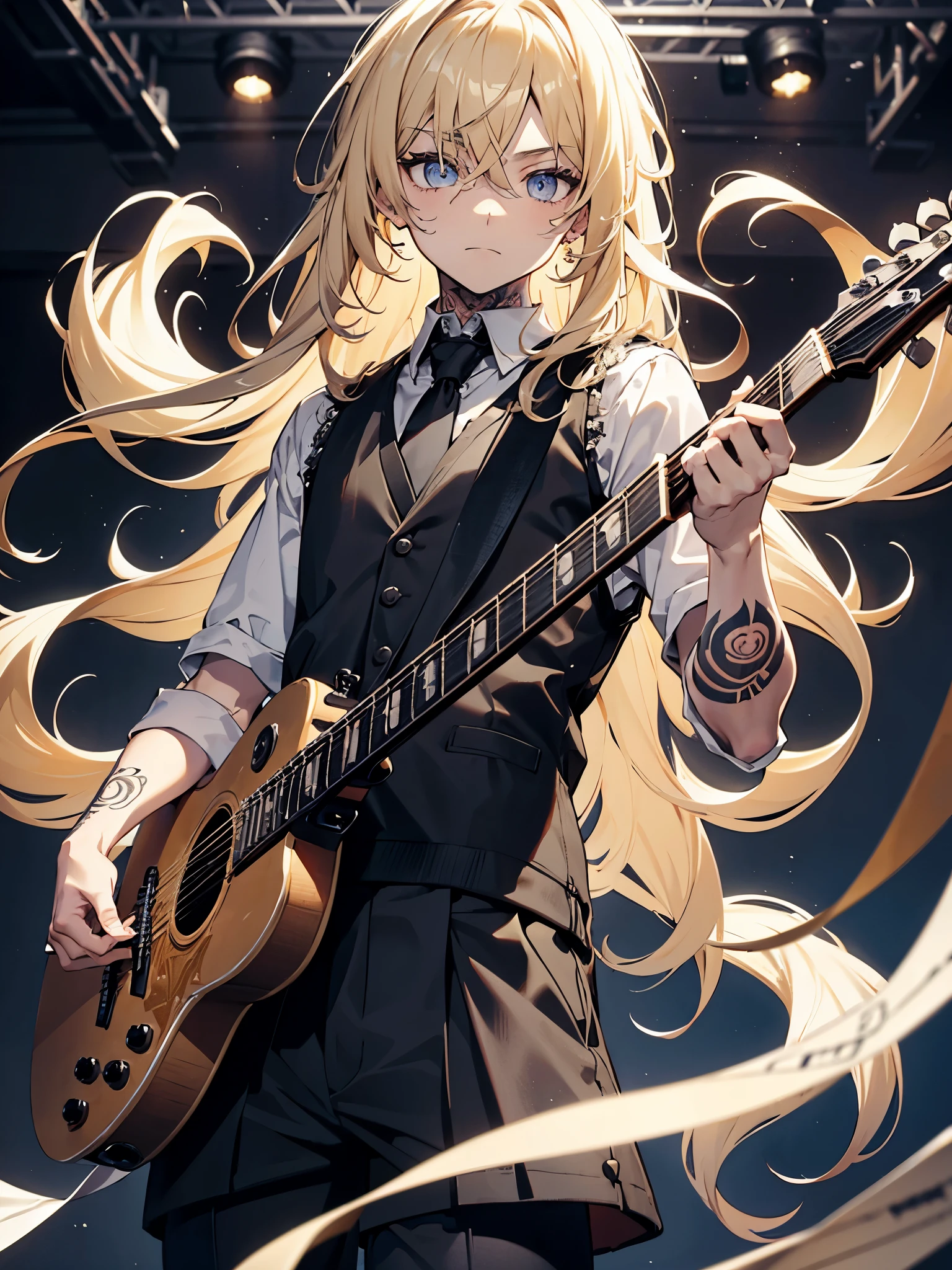 Blonde boy,curls,long hair,Neutral in appearance,Standing in a dark rehearsal room,carrying guitar,Wear a black vest,There are a lot of tattoos on the arms,gloomy expression,masterpiece,best quality,male,gray kilt,rock,Hair a little messy,individual