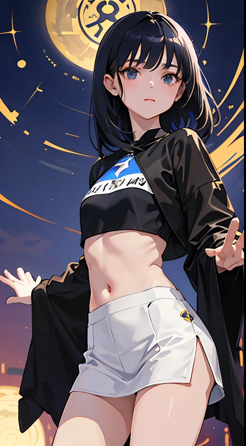 (short cute girl，small young student，young delicate girl）,（masterpiece，Top quality)，crop top look，fortune teller，long black hair