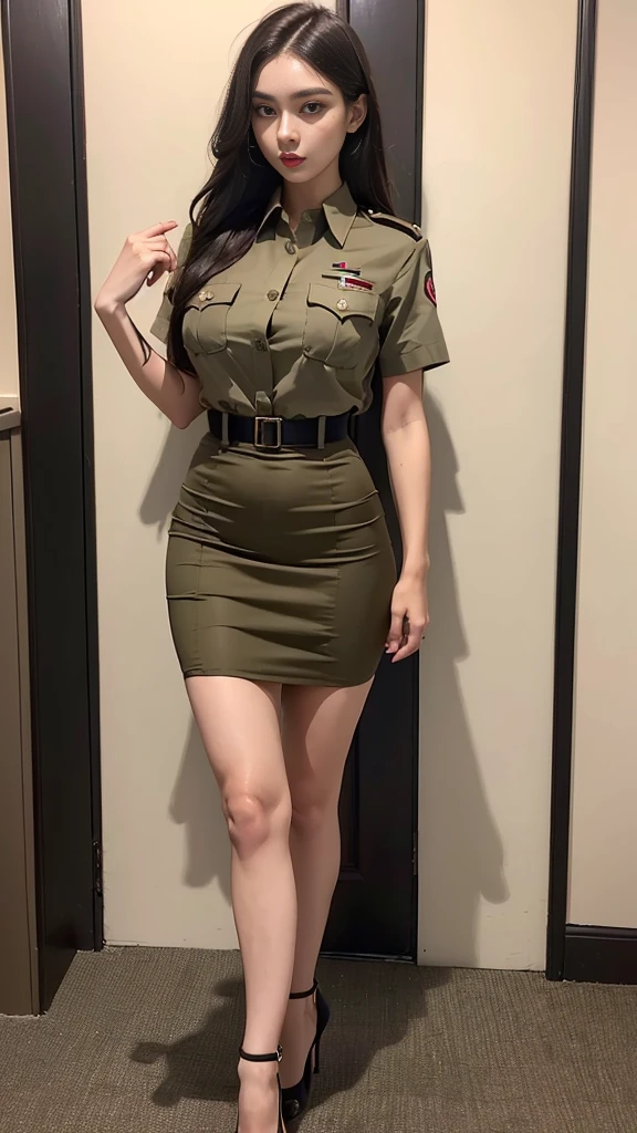 Beautiful, long hair, wearing a dark khaki outfit, ((dark khaki short-sleeved shirt)), ((dark khaki short pencil skirt)), ((decorated military rank insignia)), ((high-heeled shoes) black) ) , (Small waist, large breasts, slender thighs), (Dark red profile appearance, beautiful makeup), (Dynamic poses, firm figure), T-shirt, (( (has a dark khaki belt))), ((same color set)), (Khaki belt in There is a gold belt buckle.), (university backdrop)