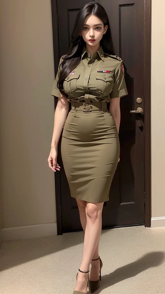 Beautiful, long hair, wearing a dark khaki outfit, ((dark khaki short-sleeved shirt)), ((dark khaki short pencil skirt)), ((decorated military rank insignia)), ((high-heeled shoes) black) ) , (Small waist, large breasts, slender thighs), (Dark red profile appearance, beautiful makeup), (Dynamic poses, firm figure), T-shirt, (( (has a dark khaki belt))), ((same color set)), (Khaki belt in There is a gold belt buckle.), (university backdrop)
