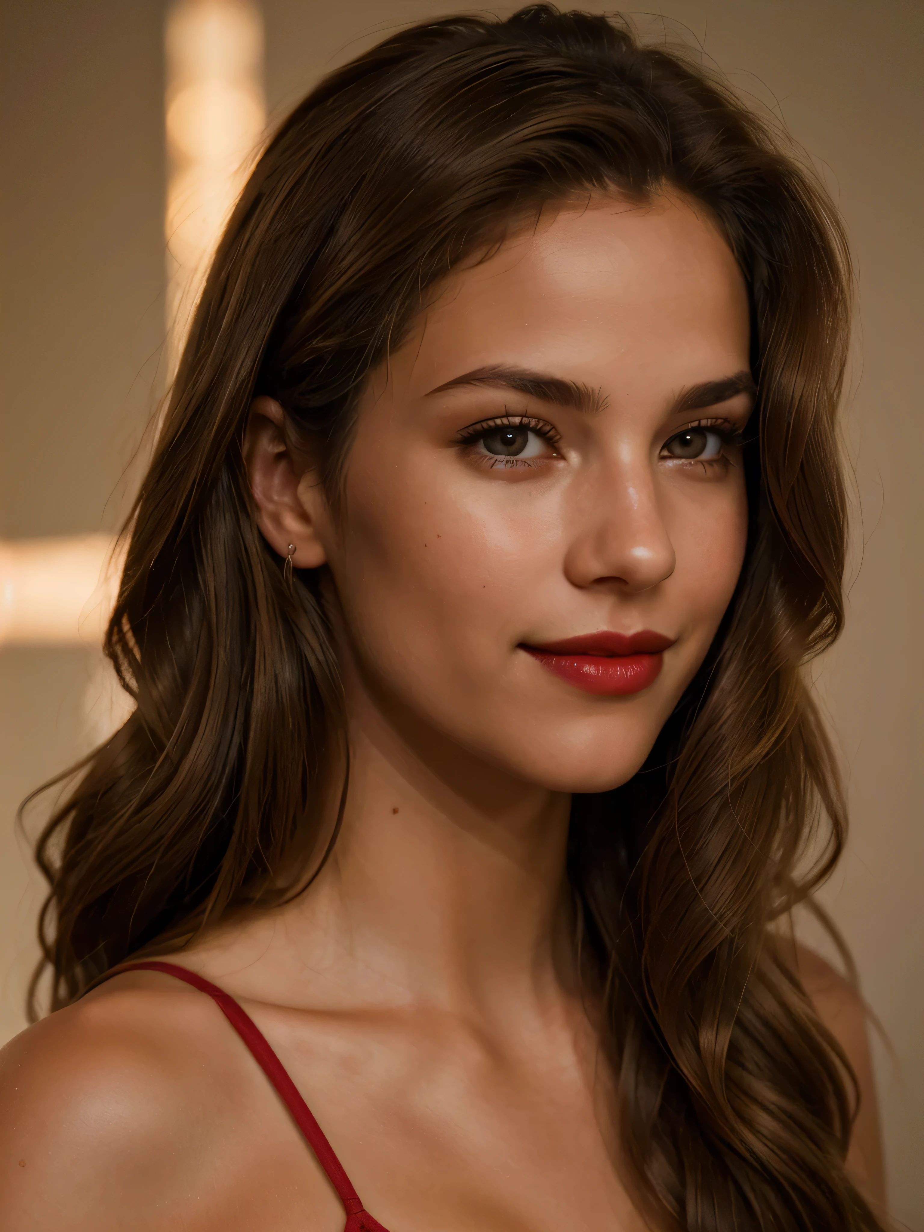 beauty girl face photographed from the side, smiling, long wave brown hair, brown eyes, red lips, cinematic lighting, masterpiece, anatomically correct, textured skin, highres