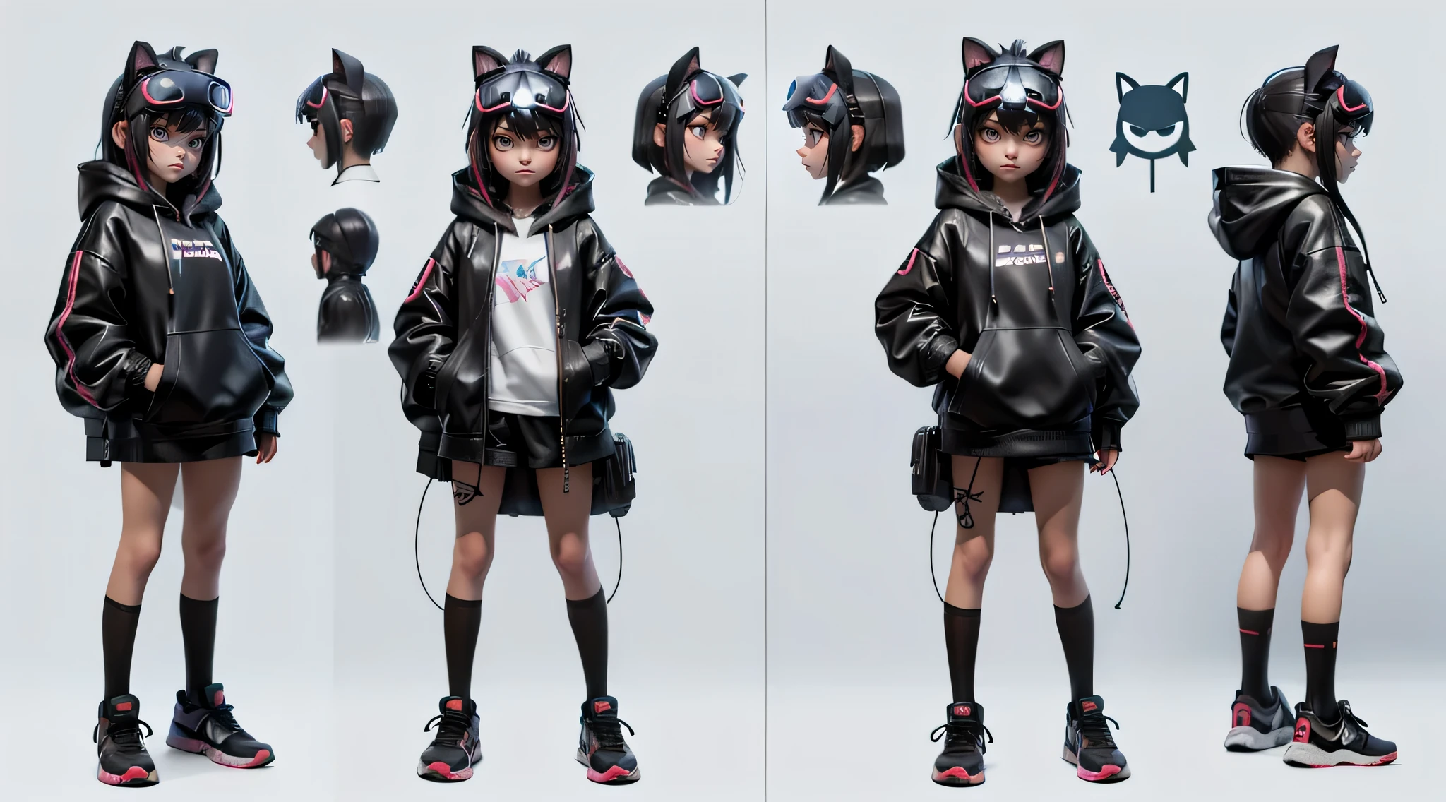 girl wearing hoodies and pent wearing, full standing pose, wearing gaming VR AR on head, short hairs, neon gaming VR AR on head, Character Sheet, 12 yo student, Full body, Simple white background, character reference sheet, Concept art, design sheet