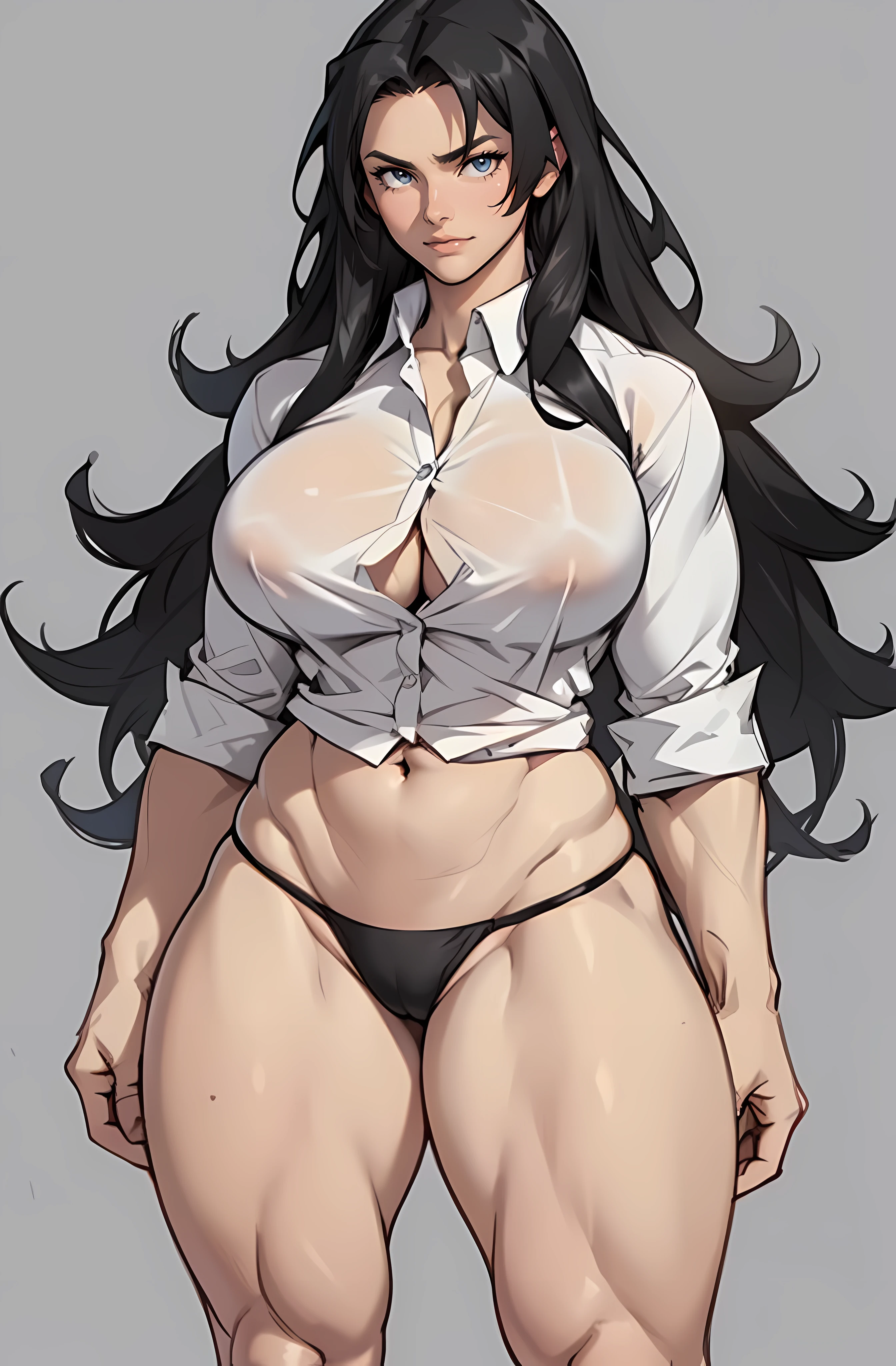 ((grey background)), solo, (((1 girl))), very long hair, black hair, angry, yellow eyes, ((((Massive Female Bodybuilder)))), huge tits, thick thighs, wide hips, pale skin, (((over-sized shirt))), (thong), standing, midriff, abs, navel