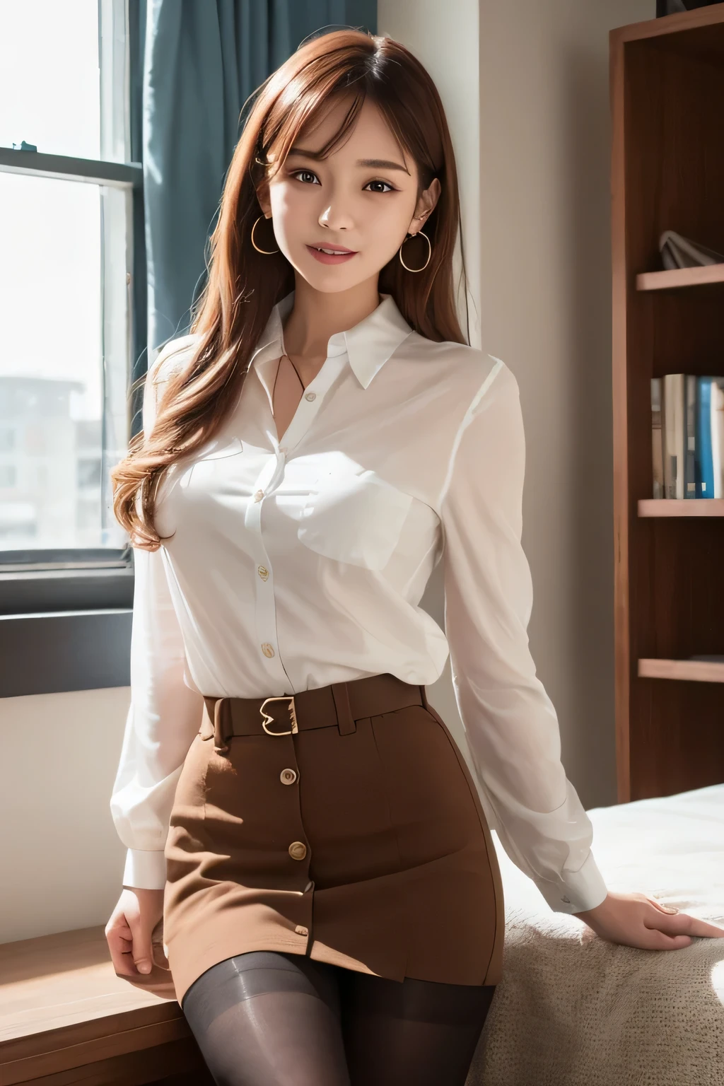masterpiece, 1 beautiful girl, be familiar with, highest quality, 超High resolution, (realistic: 1.4), Original photo, movie lighting, laughter, asian beauty, really beautiful, A little young look, beautiful skin, thin, (超realistic), (High resolution), (8K), (非常にbe familiar withな), (best illustrations), (美しくbe familiar withな目), (超be familiar withな), (wallpaper), (be familiar withな顔), looking at the viewer, be familiar with, be familiar with face、Pure erotic face ace_v1、46 point diagonal bangs、beautiful eyes、Beautiful charming anime girl with open mouth、(reddish brown hair:1.5),(in modern room:1.5) office lady,( black office skirt), (pantyhose: 1.2)、(Short button-down shirt:1.2)、button up collar prim、button down collar prim、here、alpha layer、high heels、beautiful earrings、Perspective from the waist up